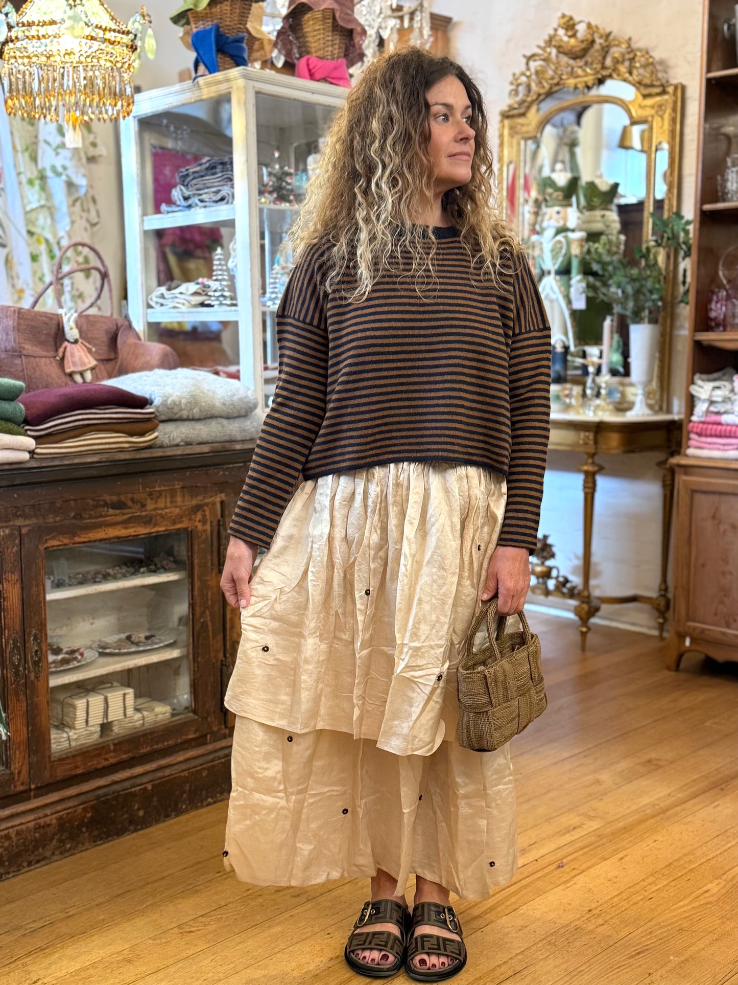 Runaway Bicycle Silk Skirt With Embroidered Flowers