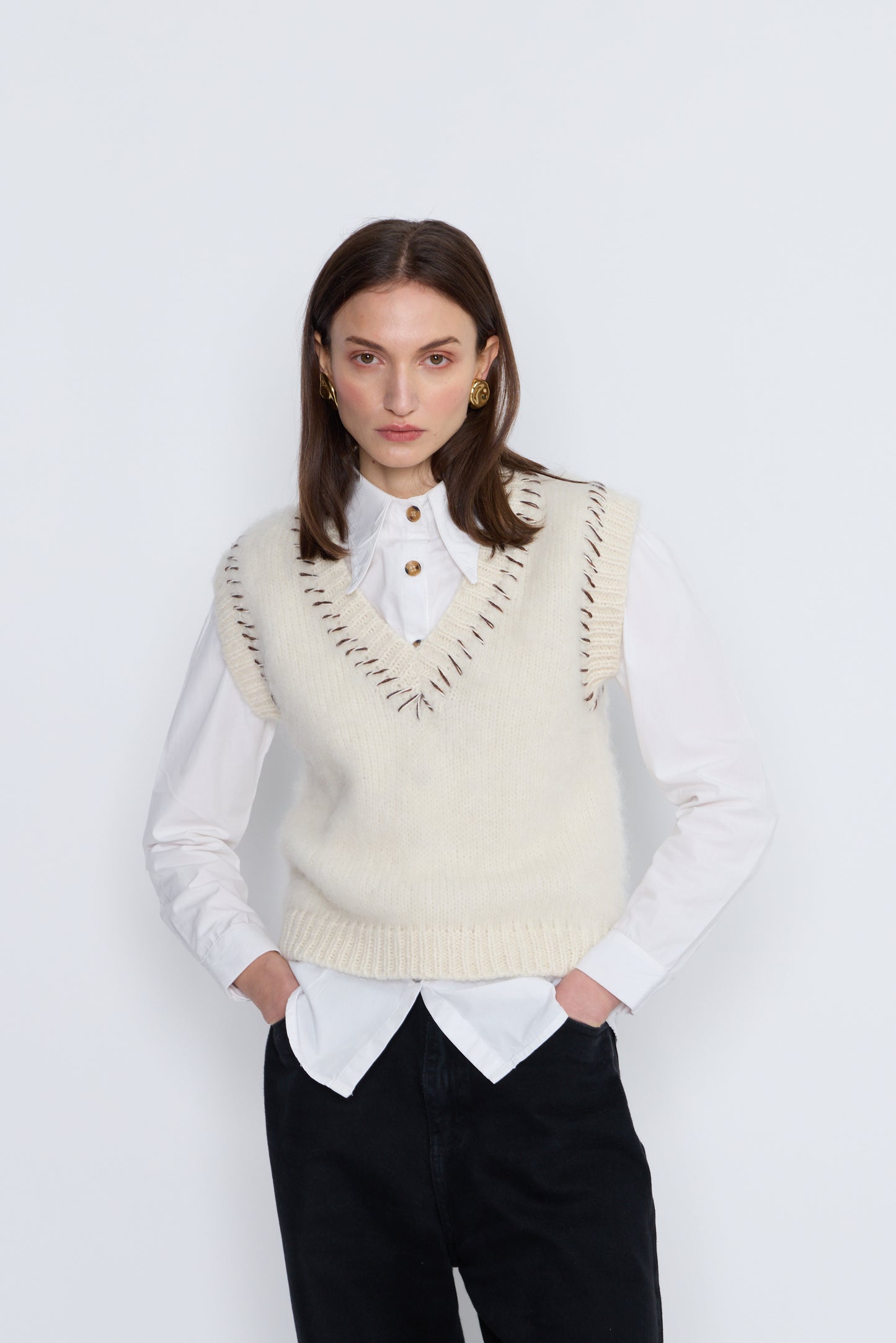 French Alpaca Knit Vest With Contrast Stitching - Ivory
