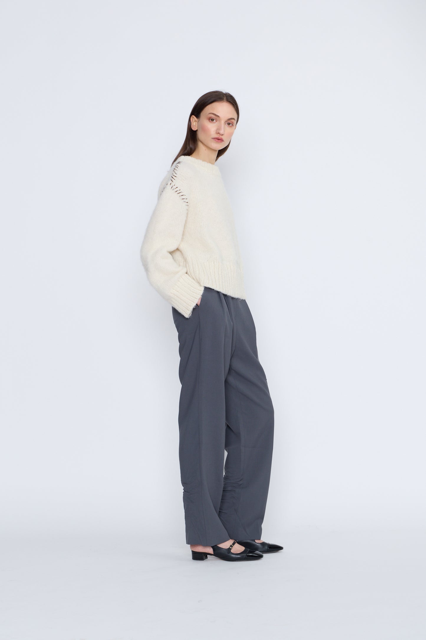 French Alpaca Knit Jumper With Contrast Stitching - Ivory