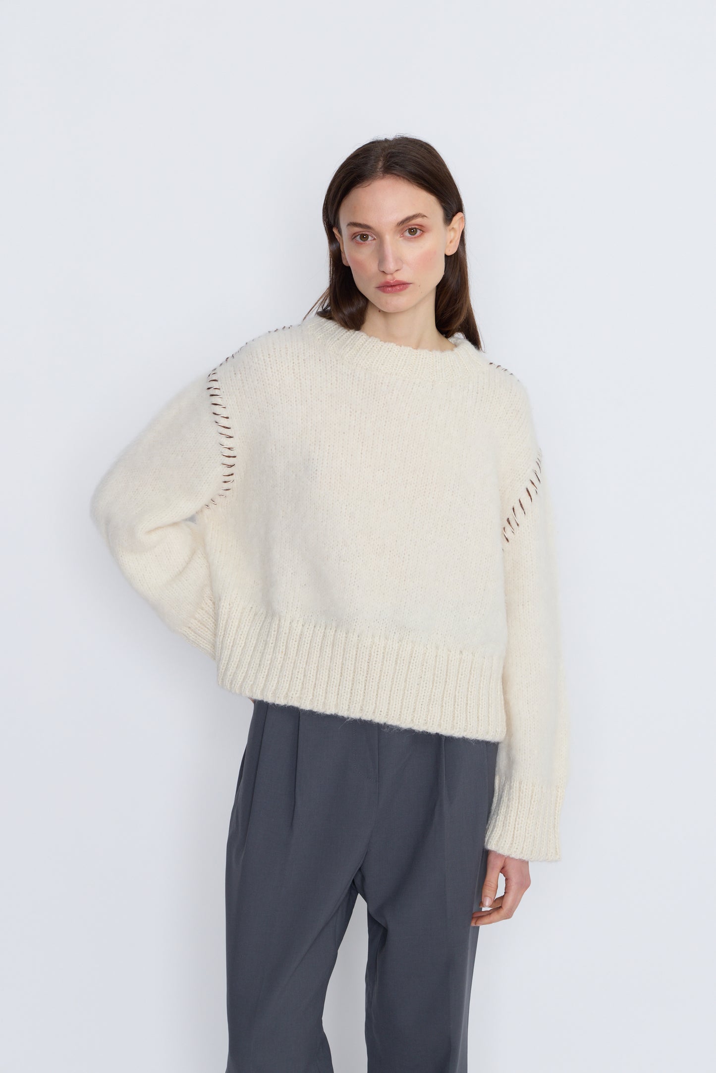 French Alpaca Knit Jumper With Contrast Stitching - Ivory