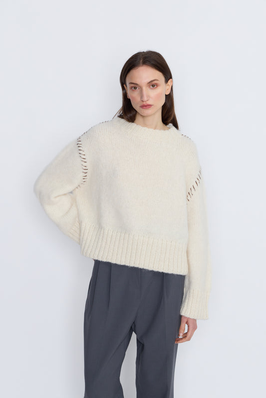 French Alpaca Knit Jumper With Contrast Stitching - Ivory