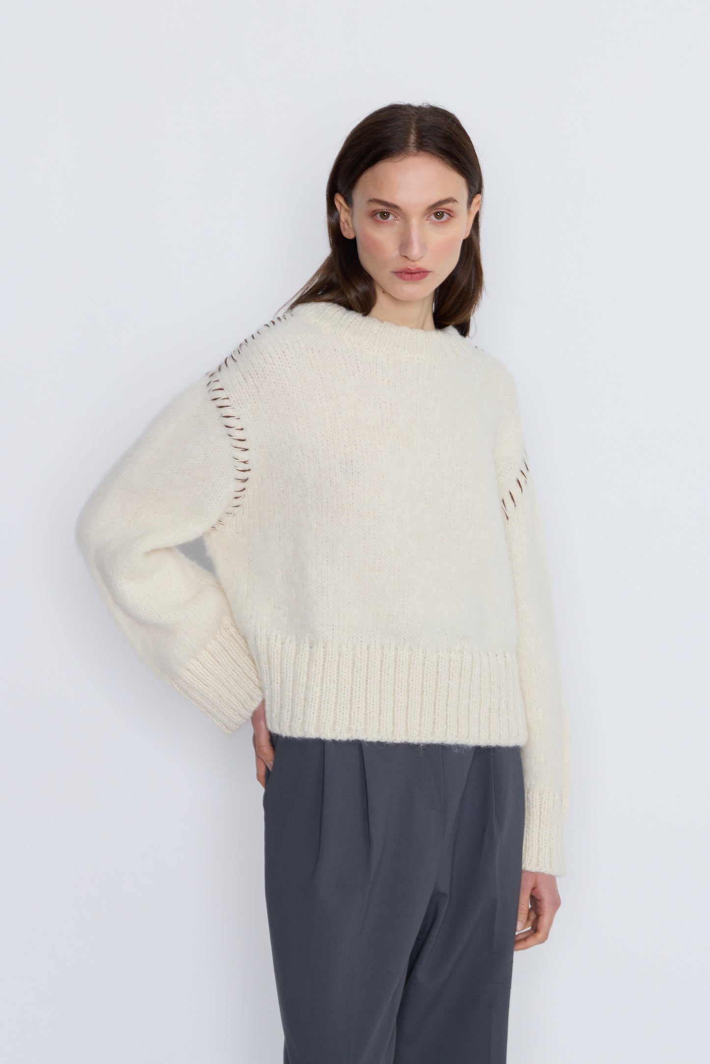 French Alpaca Knit Jumper With Contrast Stitching - Ivory