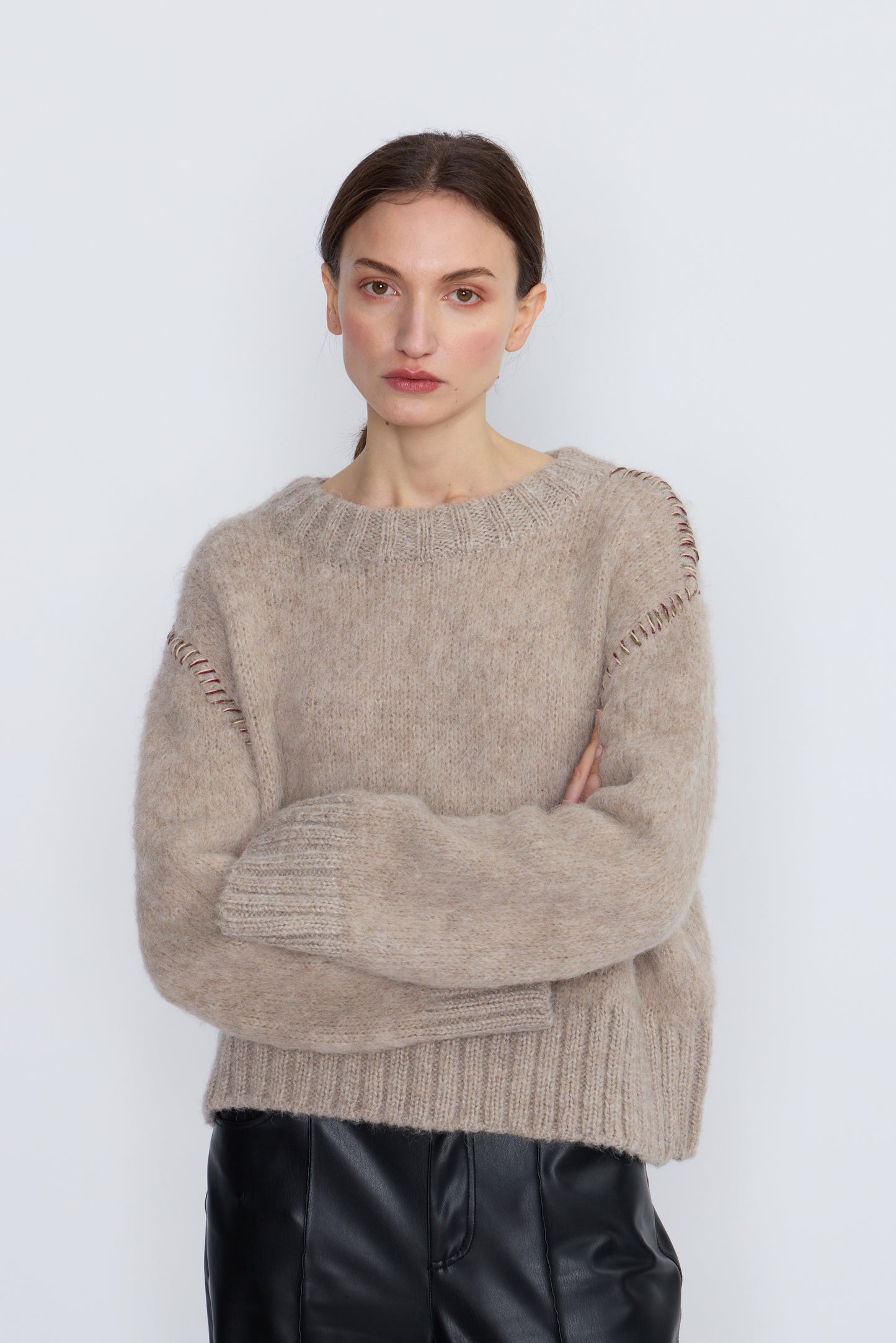 French Alpaca Knit Jumper With Contrast Stitching - Taupe