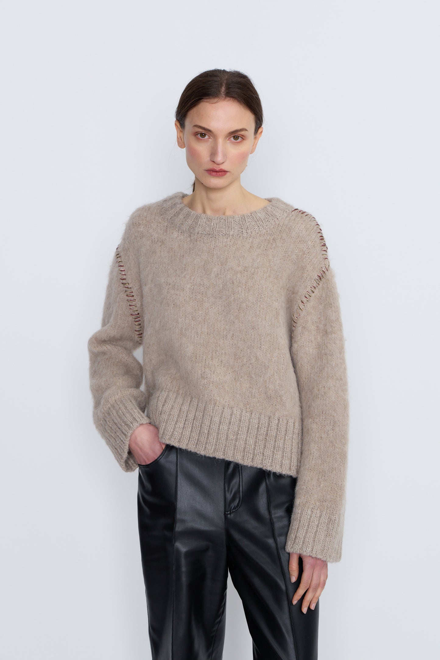 French Alpaca Knit Jumper With Contrast Stitching - Taupe