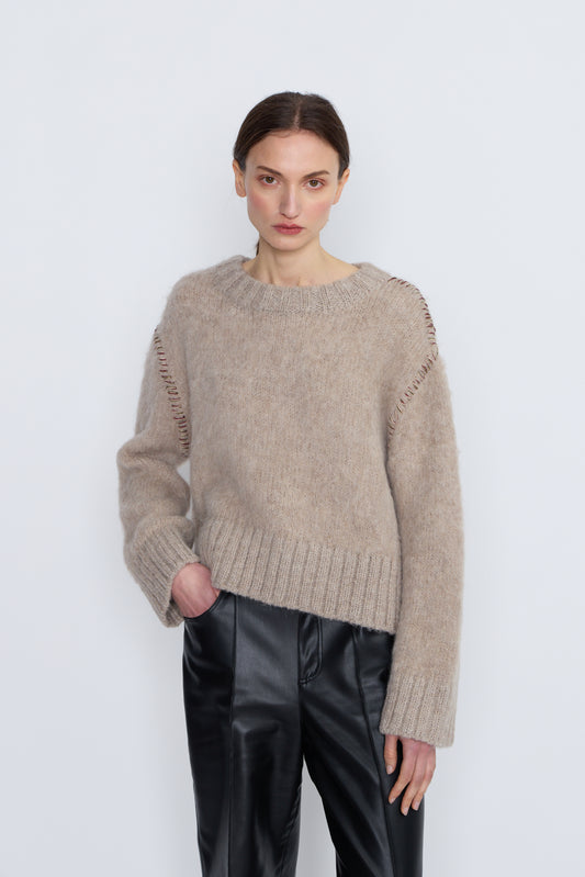 French Alpaca Knit Jumper With Contrast Stitching - Taupe