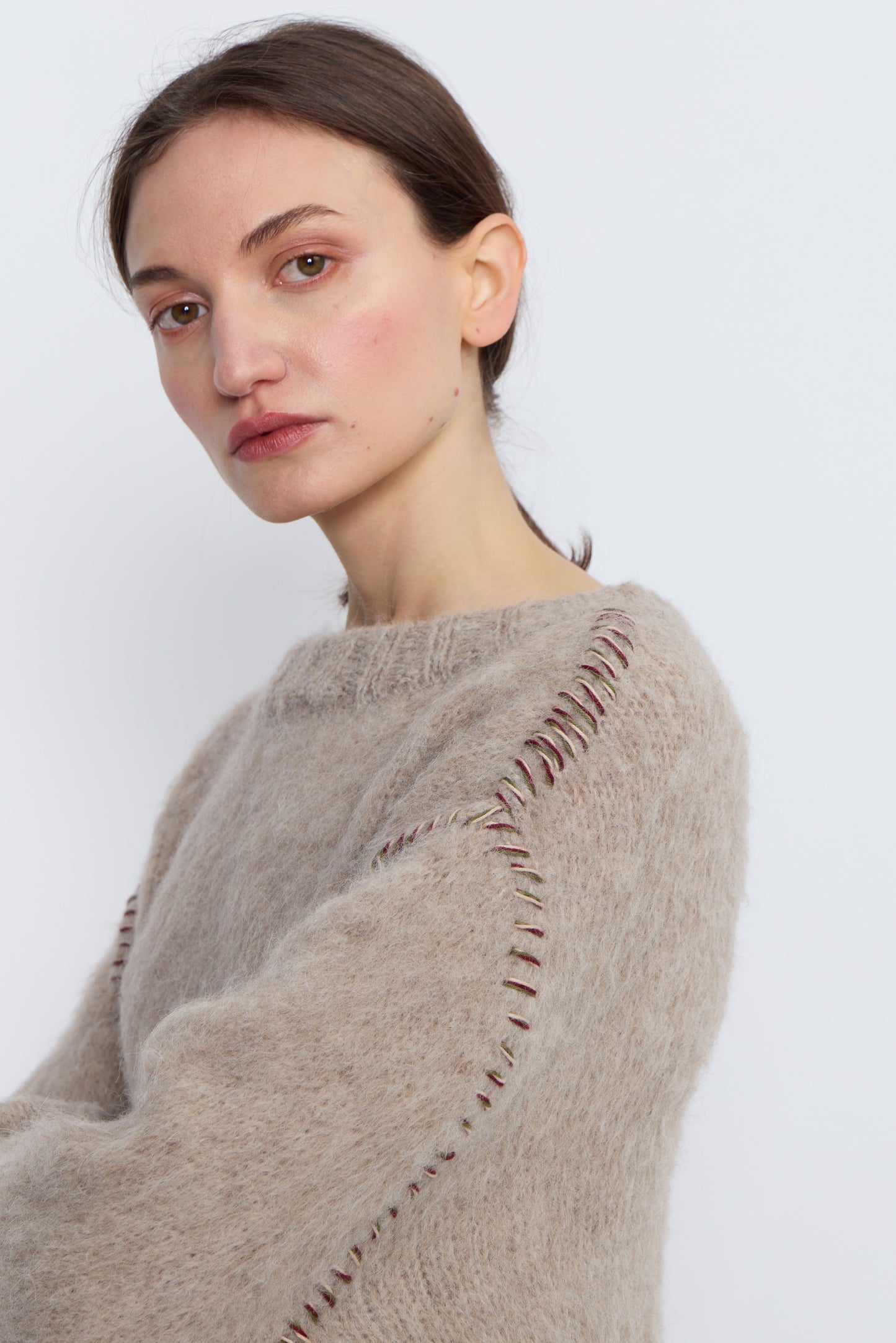 French Alpaca Knit Jumper With Contrast Stitching - Taupe