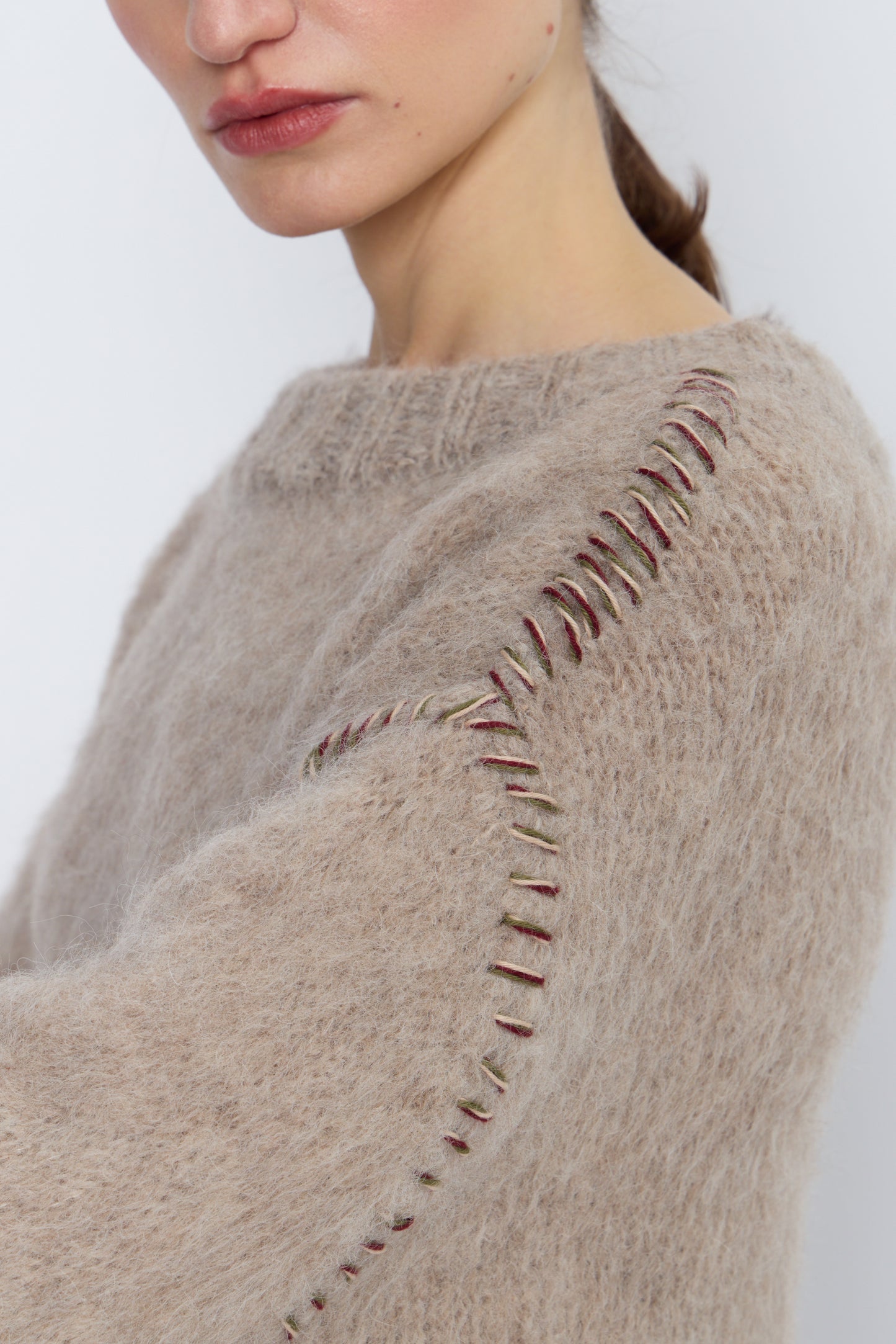 French Alpaca Knit Jumper With Contrast Stitching - Taupe