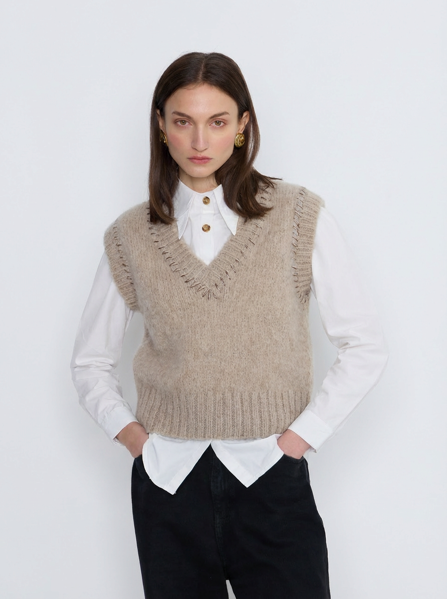 French Alpaca Knit Vest With Contrast Stitching - Taupe