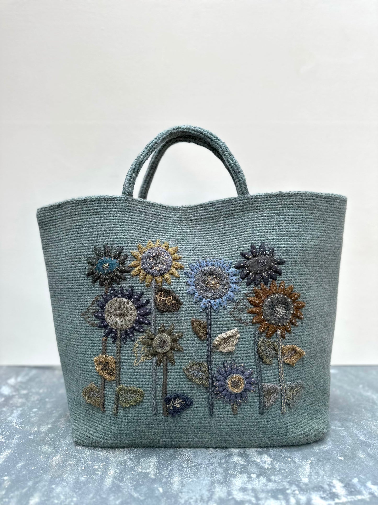 Sophie Digard Large Blue Crochet Wool Bag With Floral Applique Design