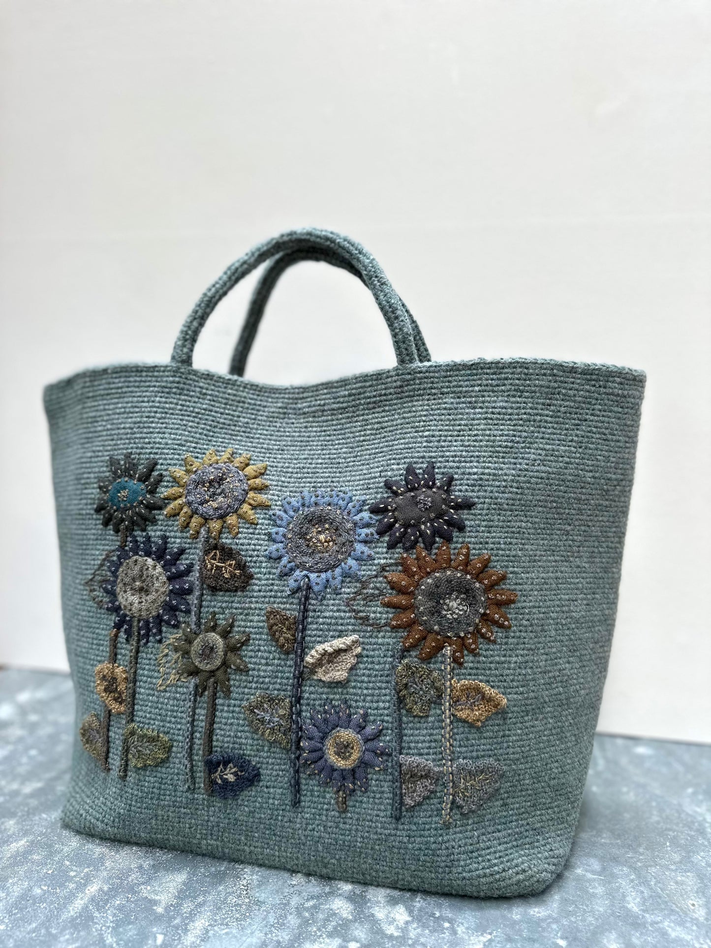 Sophie Digard Large Blue Crochet Wool Bag With Floral Applique Design