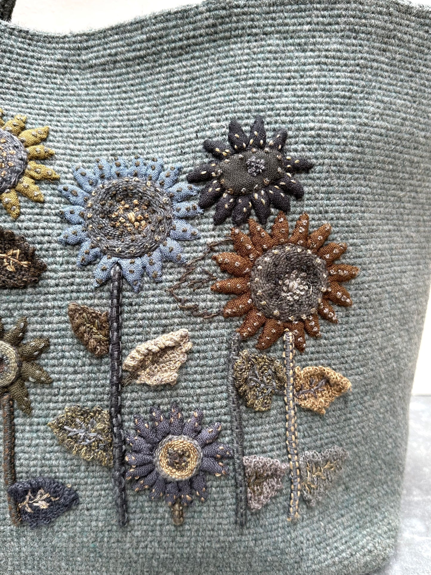 Sophie Digard Large Blue Crochet Wool Bag With Floral Applique Design