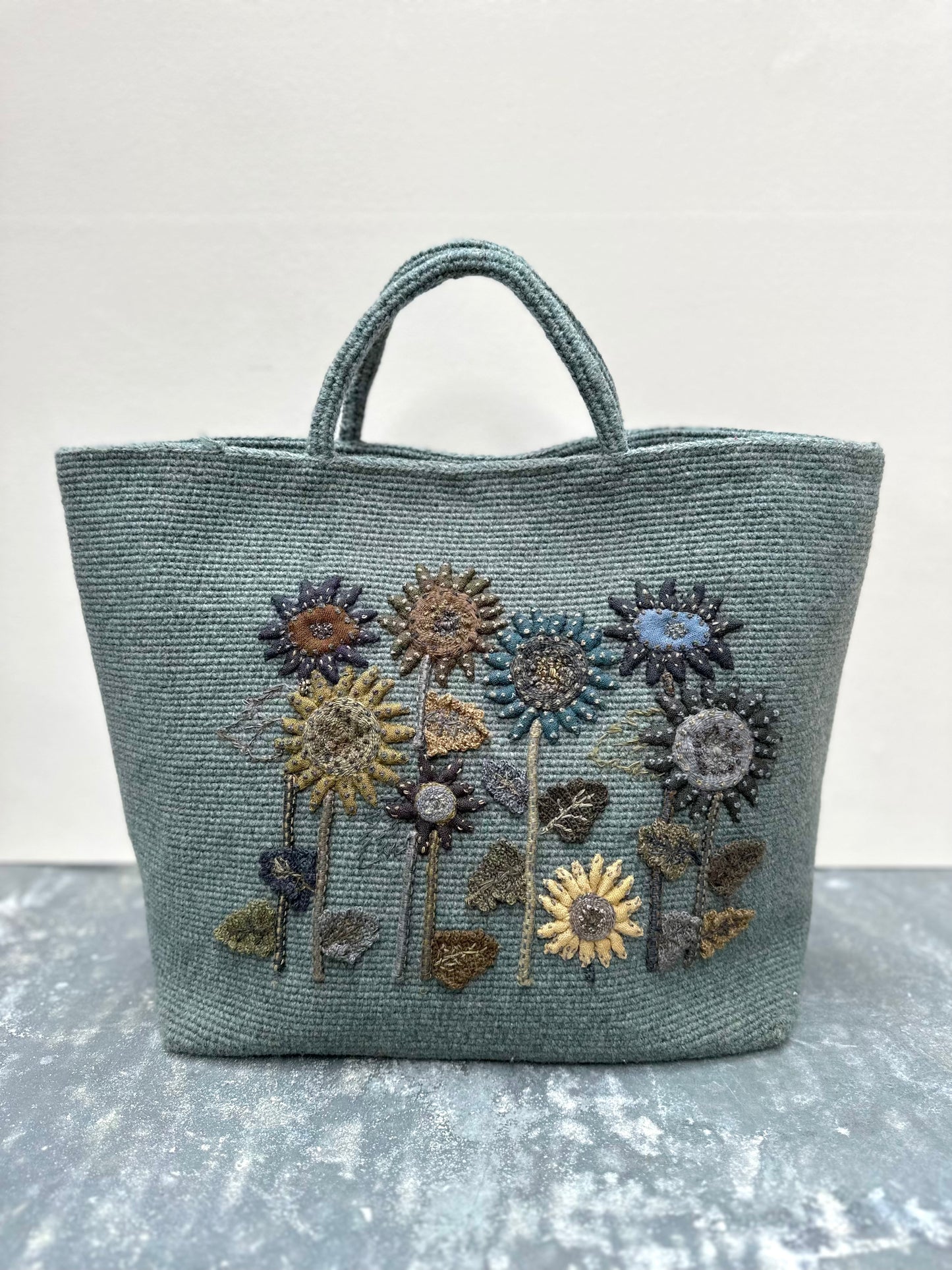 Sophie Digard Large Blue Crochet Wool Bag With Floral Applique Design
