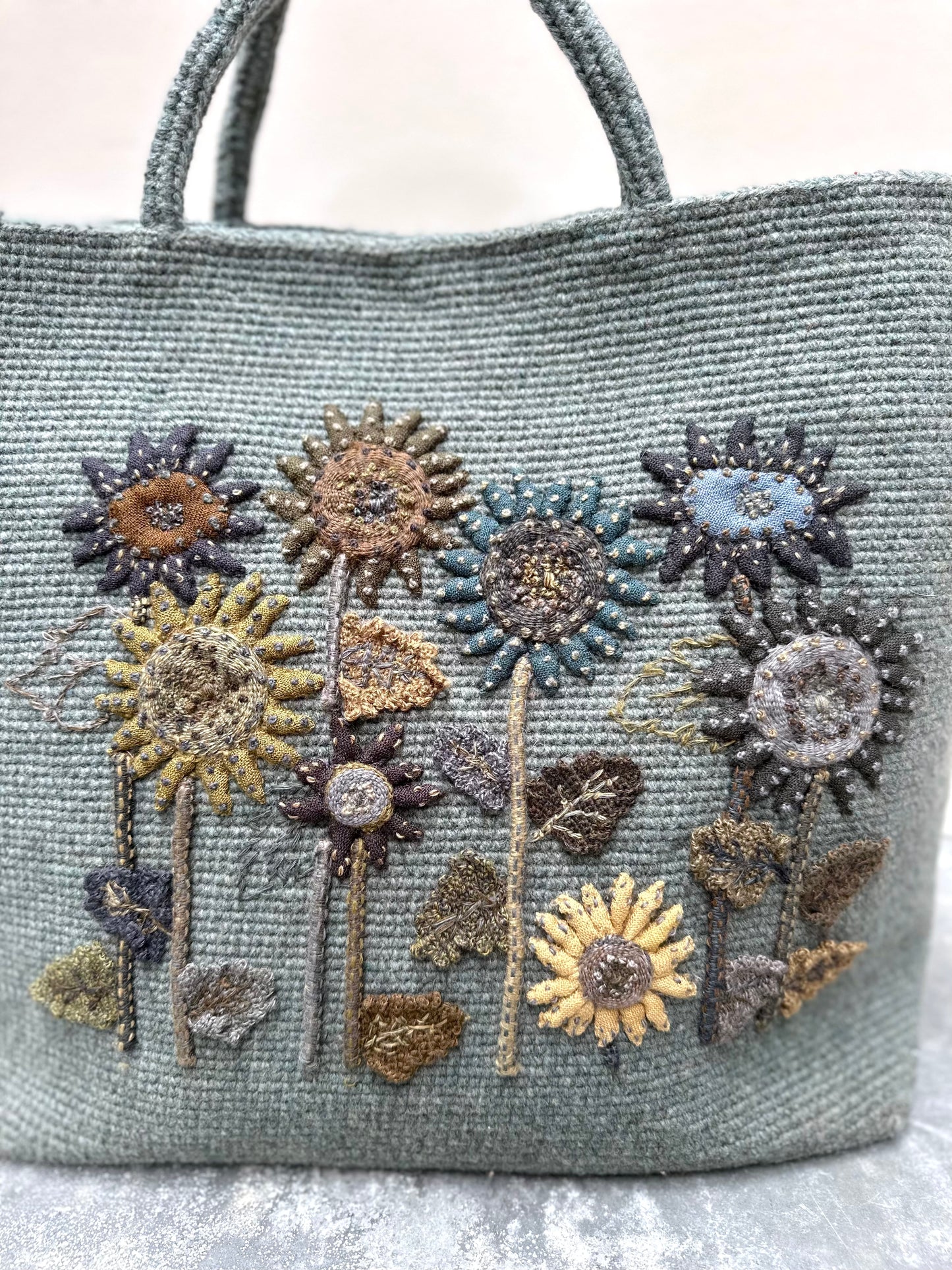 Sophie Digard Large Blue Crochet Wool Bag With Floral Applique Design