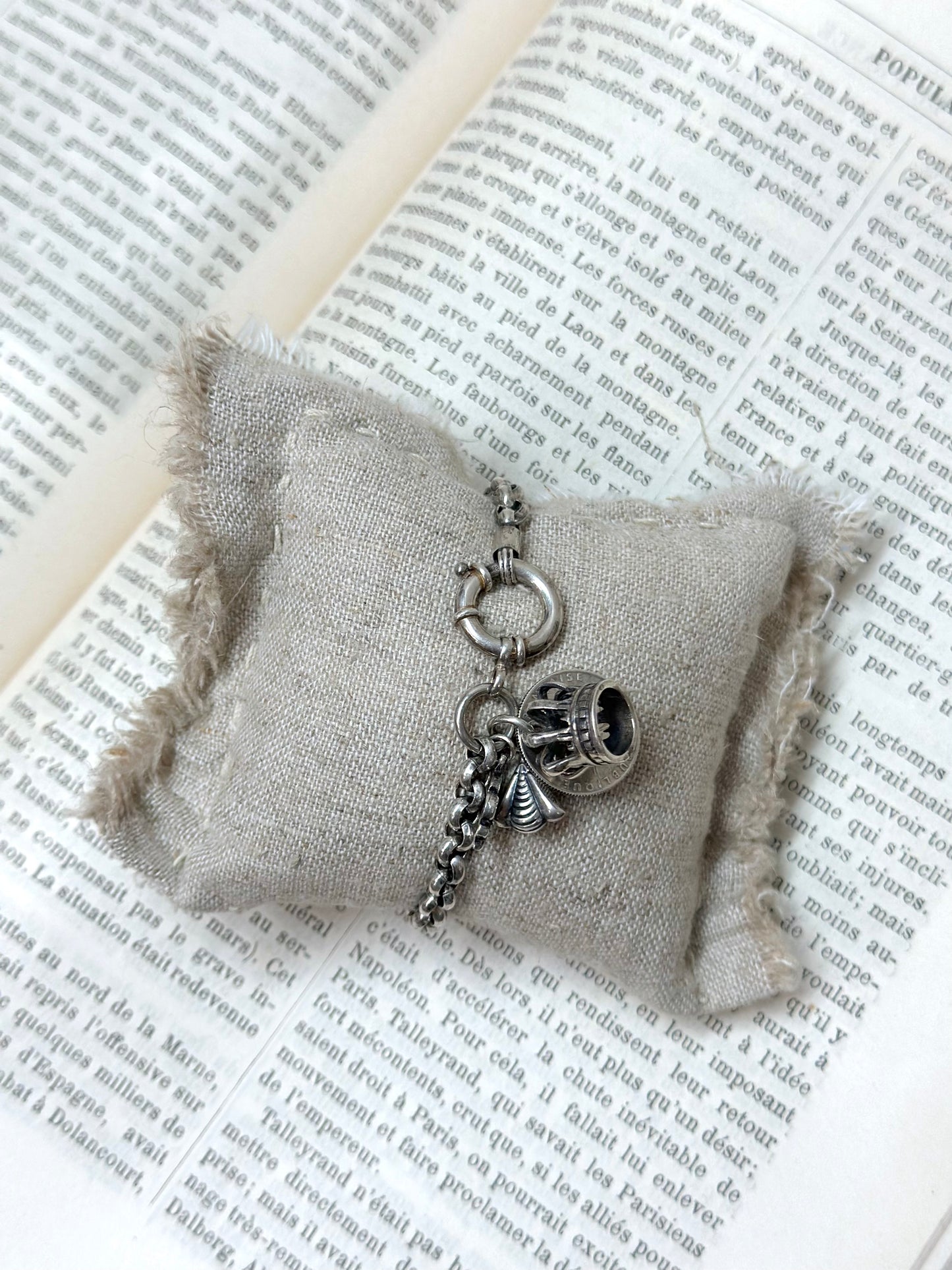 Antique French Silver Bracelet With Coin And Crown Charms