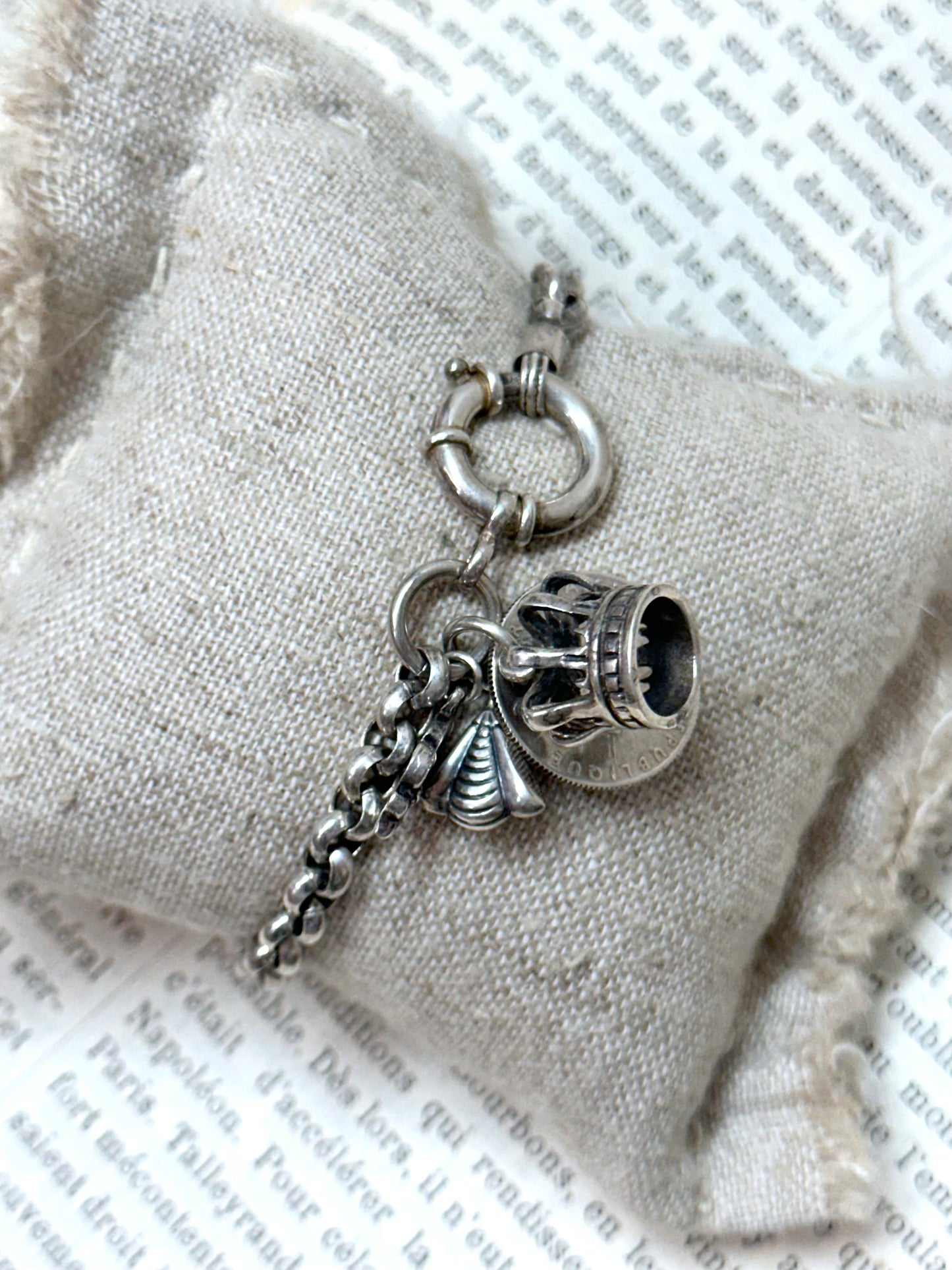 Antique French Silver Bracelet With Coin And Crown Charms