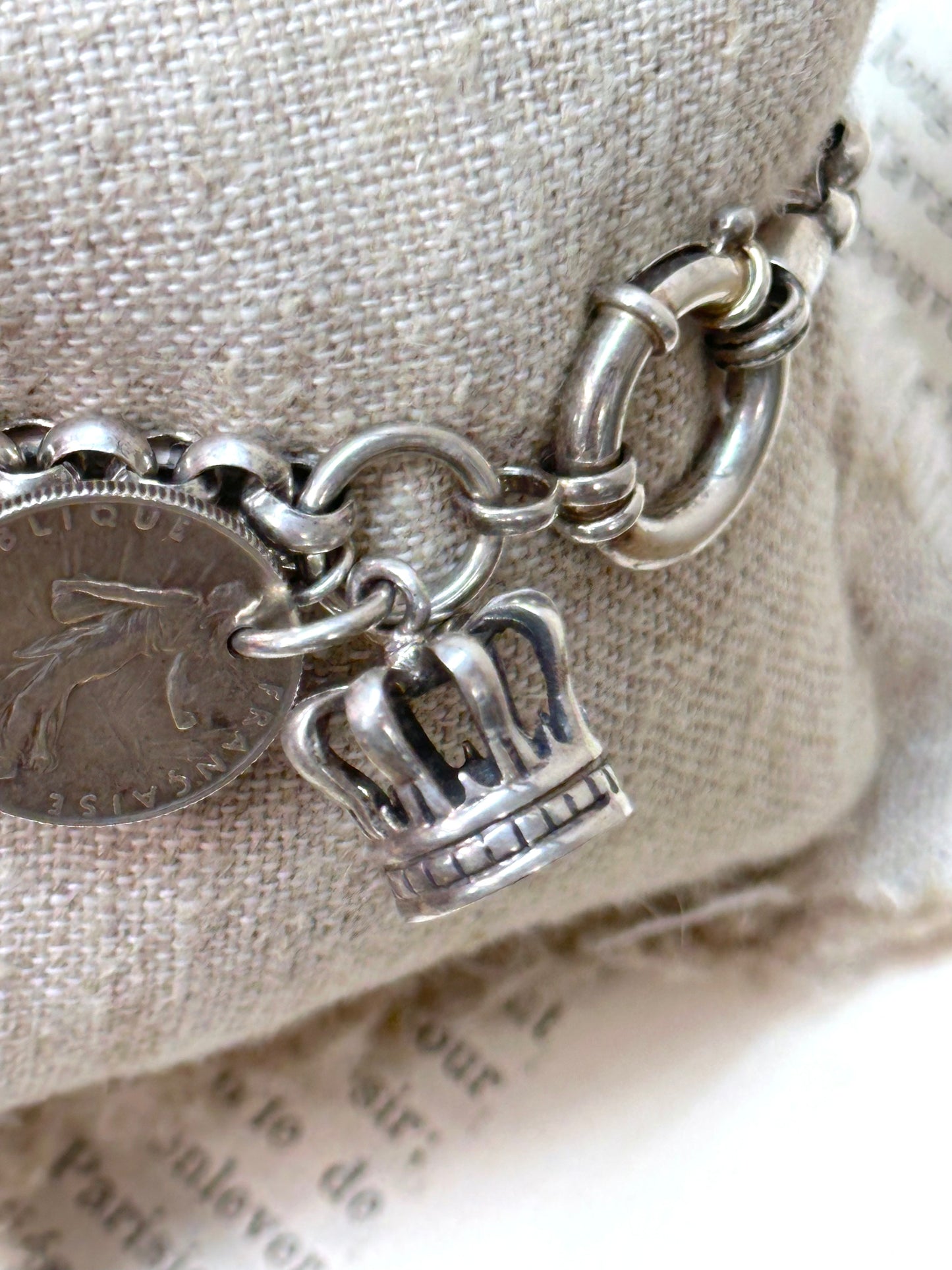 Antique French Silver Bracelet With Coin And Crown Charms