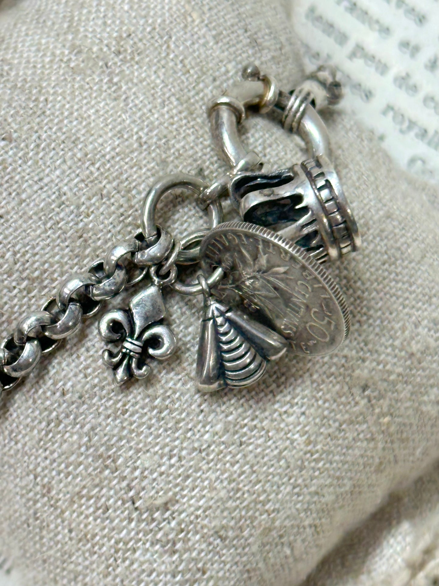 Antique French Silver Bracelet With Coin And Crown Charms