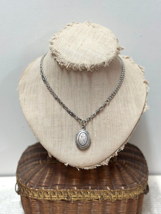 Antique French Silver Necklace With Oval Locket And Ornate Chains