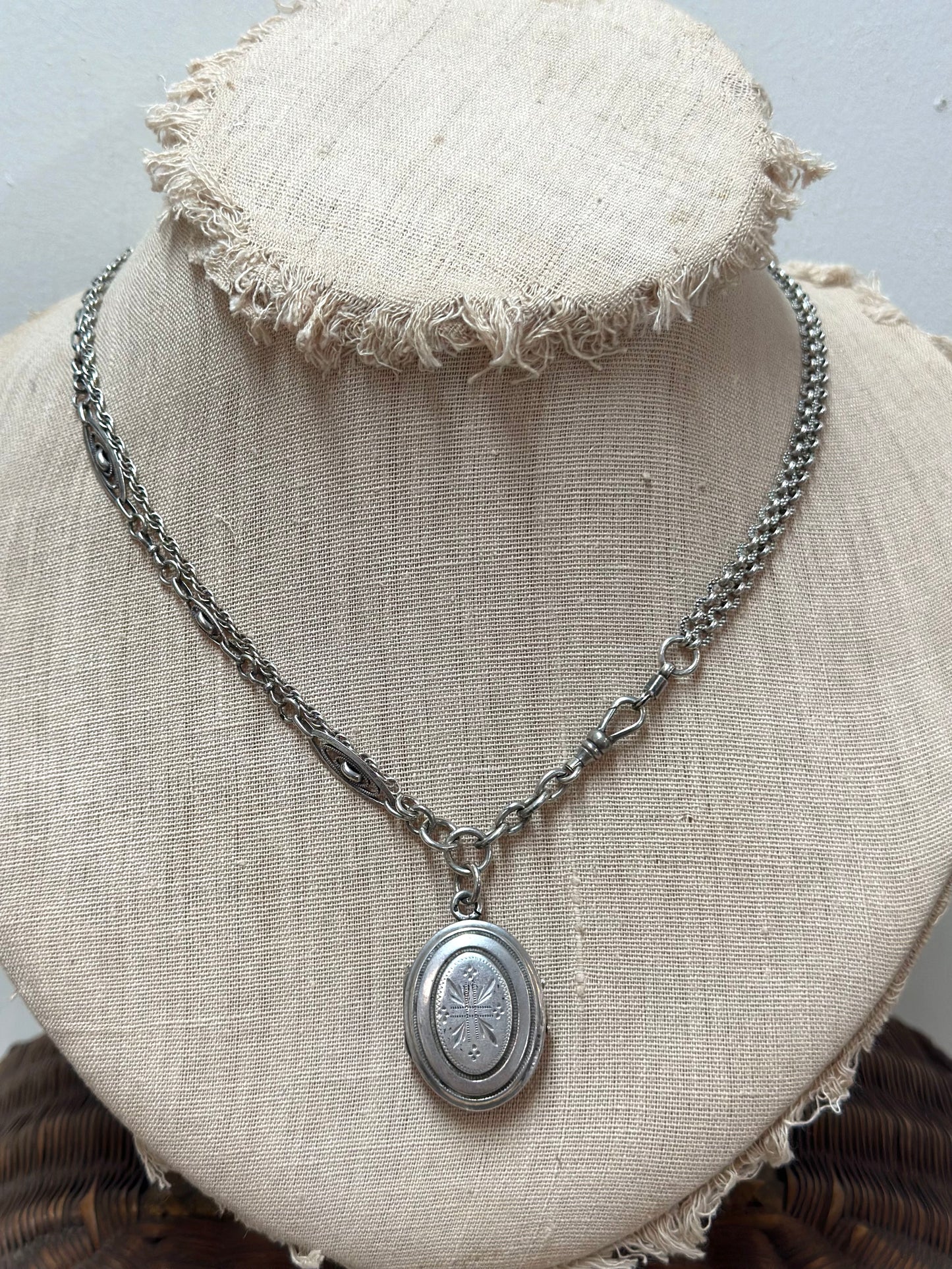 Antique French Silver Necklace With Oval Locket And Ornate Chains