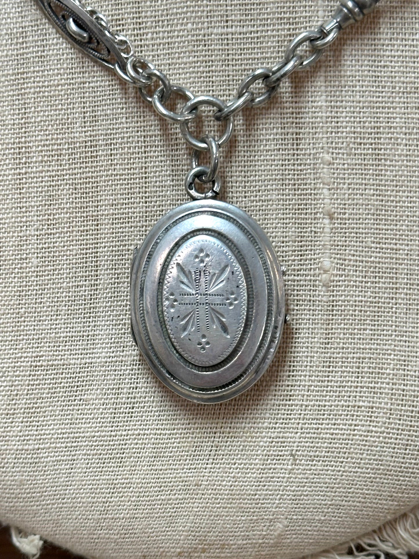 Antique French Silver Necklace With Oval Locket And Ornate Chains