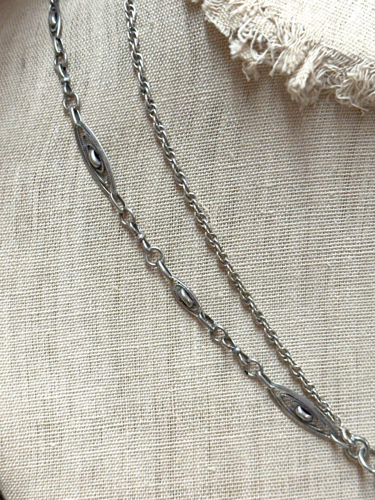 Antique French Silver Necklace With Oval Locket And Ornate Chains