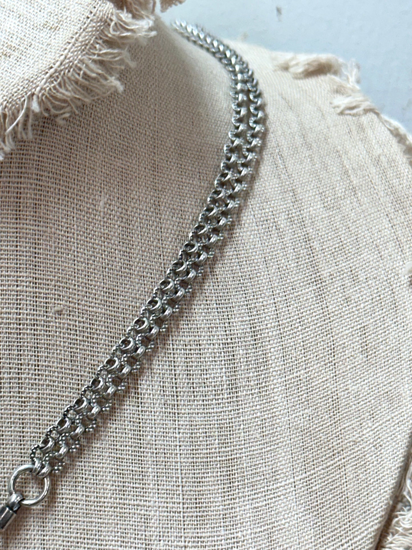 Antique French Silver Necklace With Oval Locket And Ornate Chains