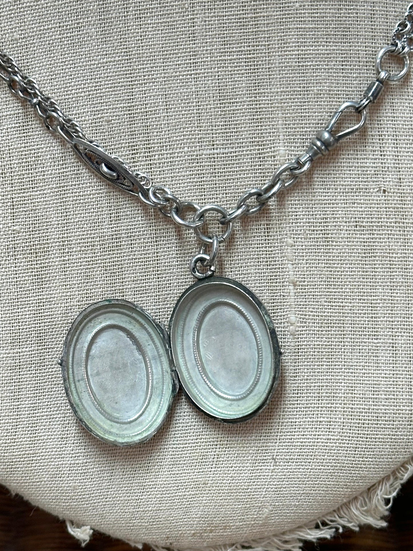 Antique French Silver Necklace With Oval Locket And Ornate Chains