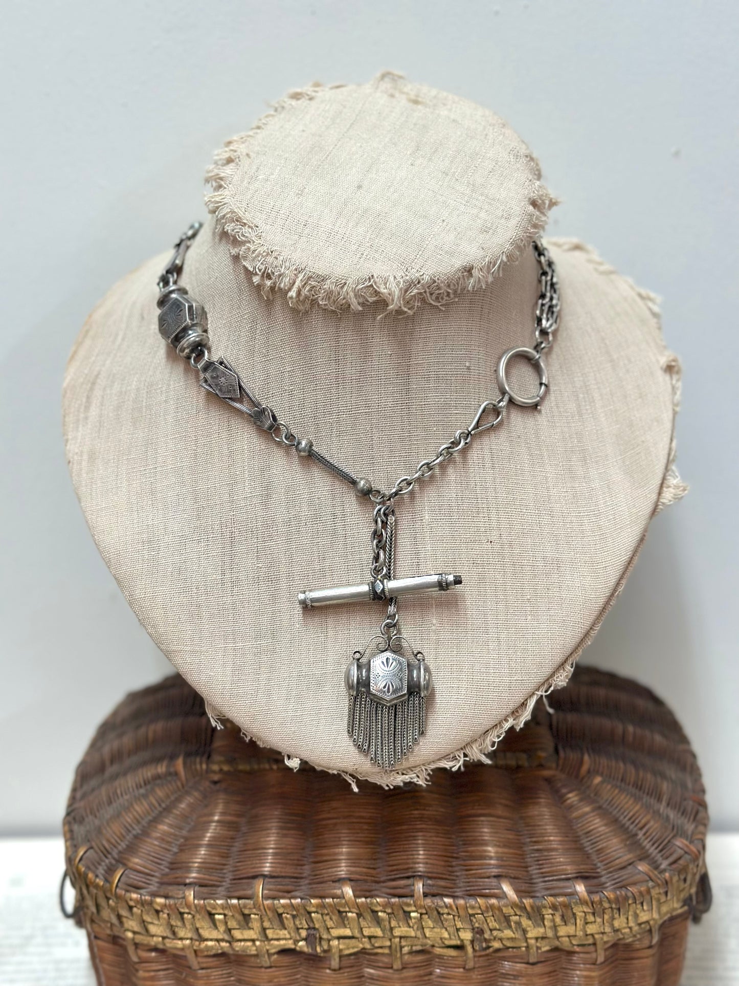 Antique French Silver Necklace With Watch Chain And Tassel Fob