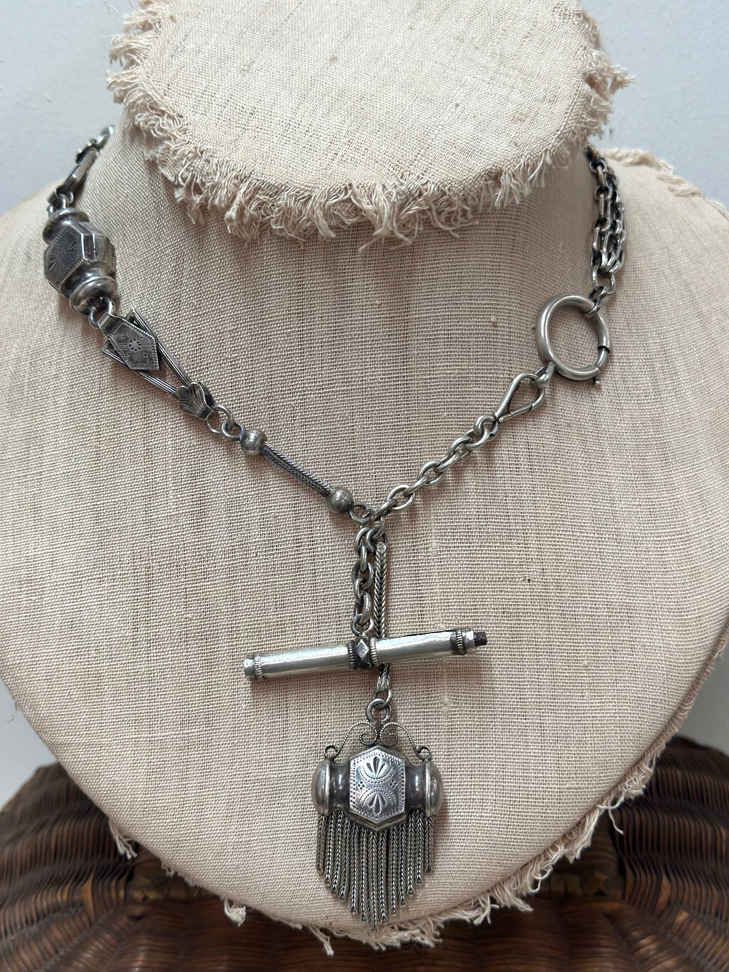 Antique French Silver Necklace With Watch Chain And Tassel Fob