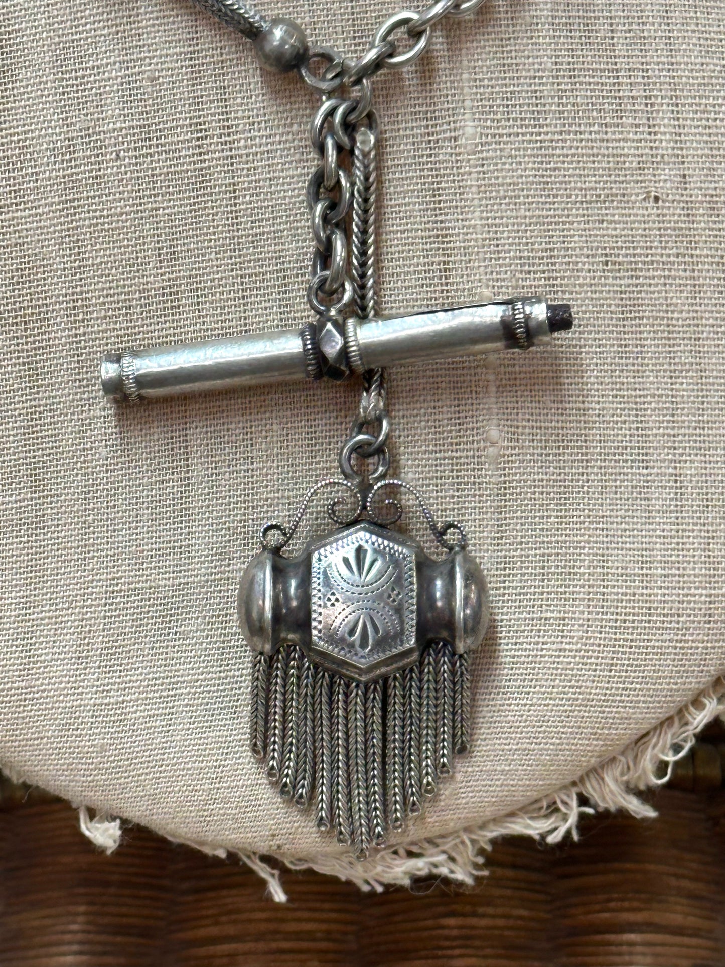 Antique French Silver Necklace With Watch Chain And Tassel Fob