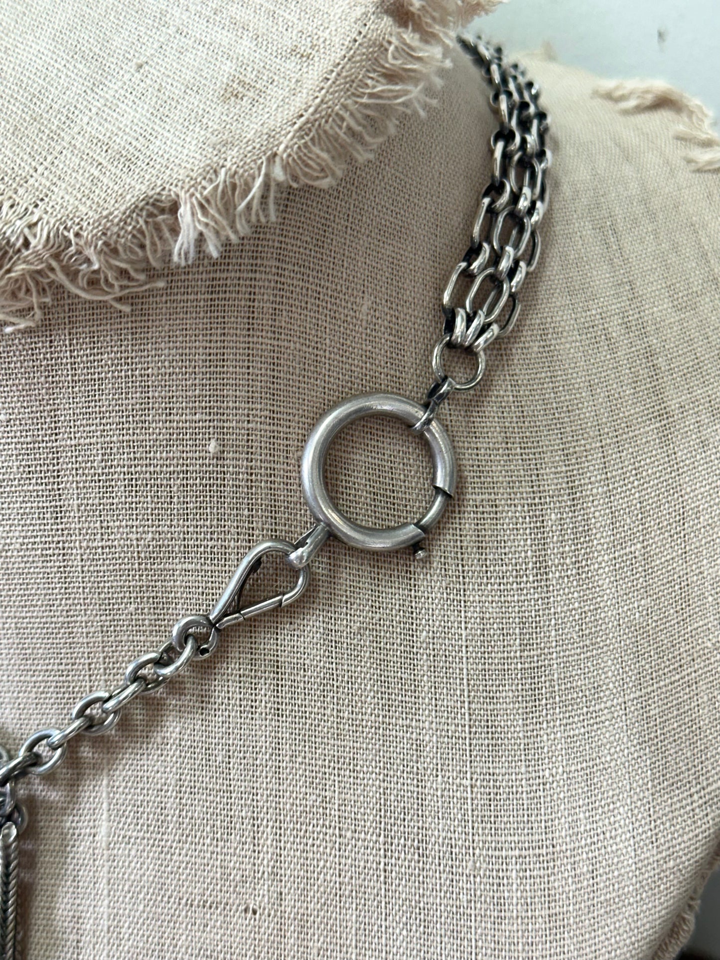 Antique French Silver Necklace With Watch Chain And Tassel Fob
