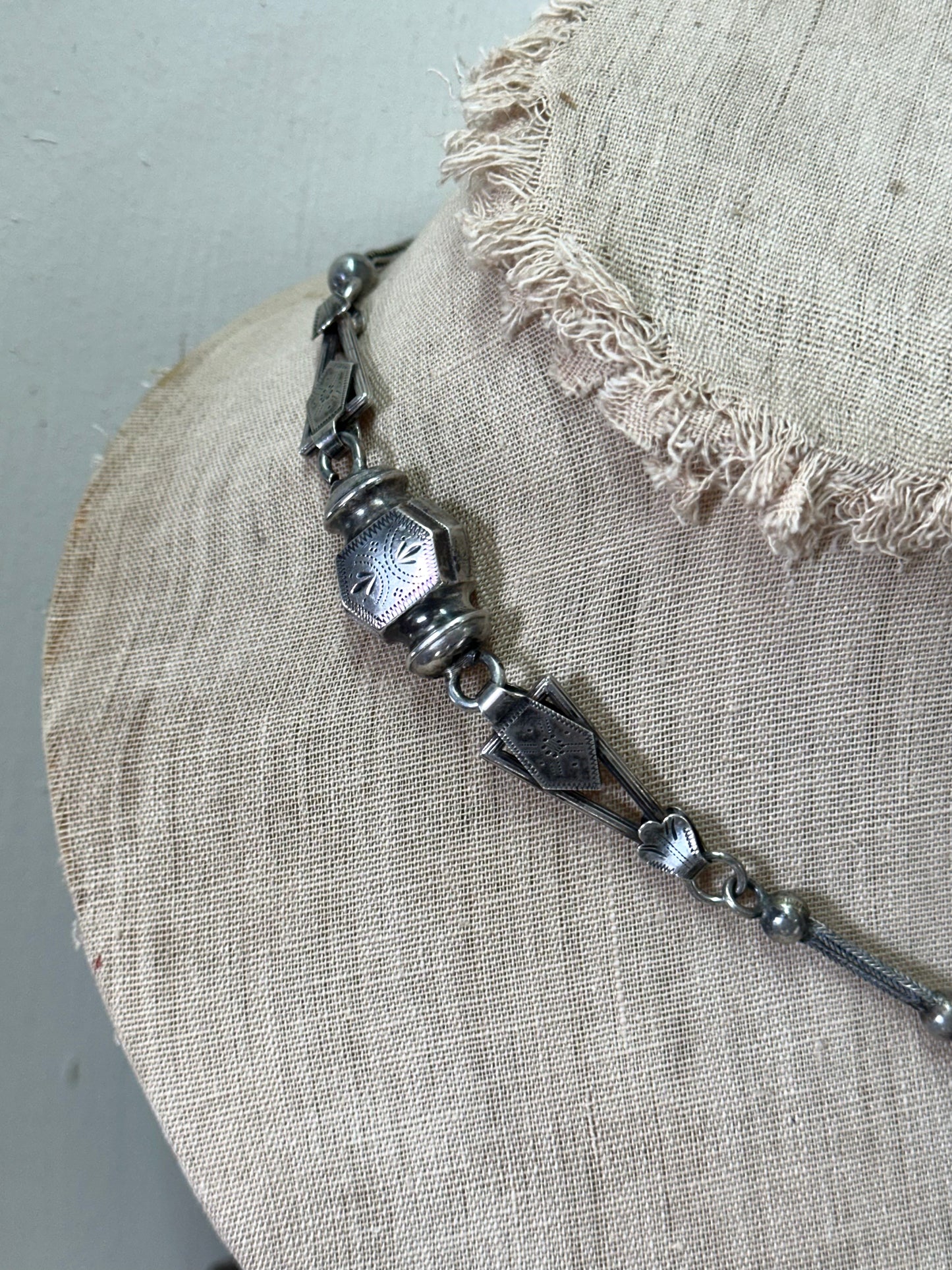 Antique French Silver Necklace With Watch Chain And Tassel Fob