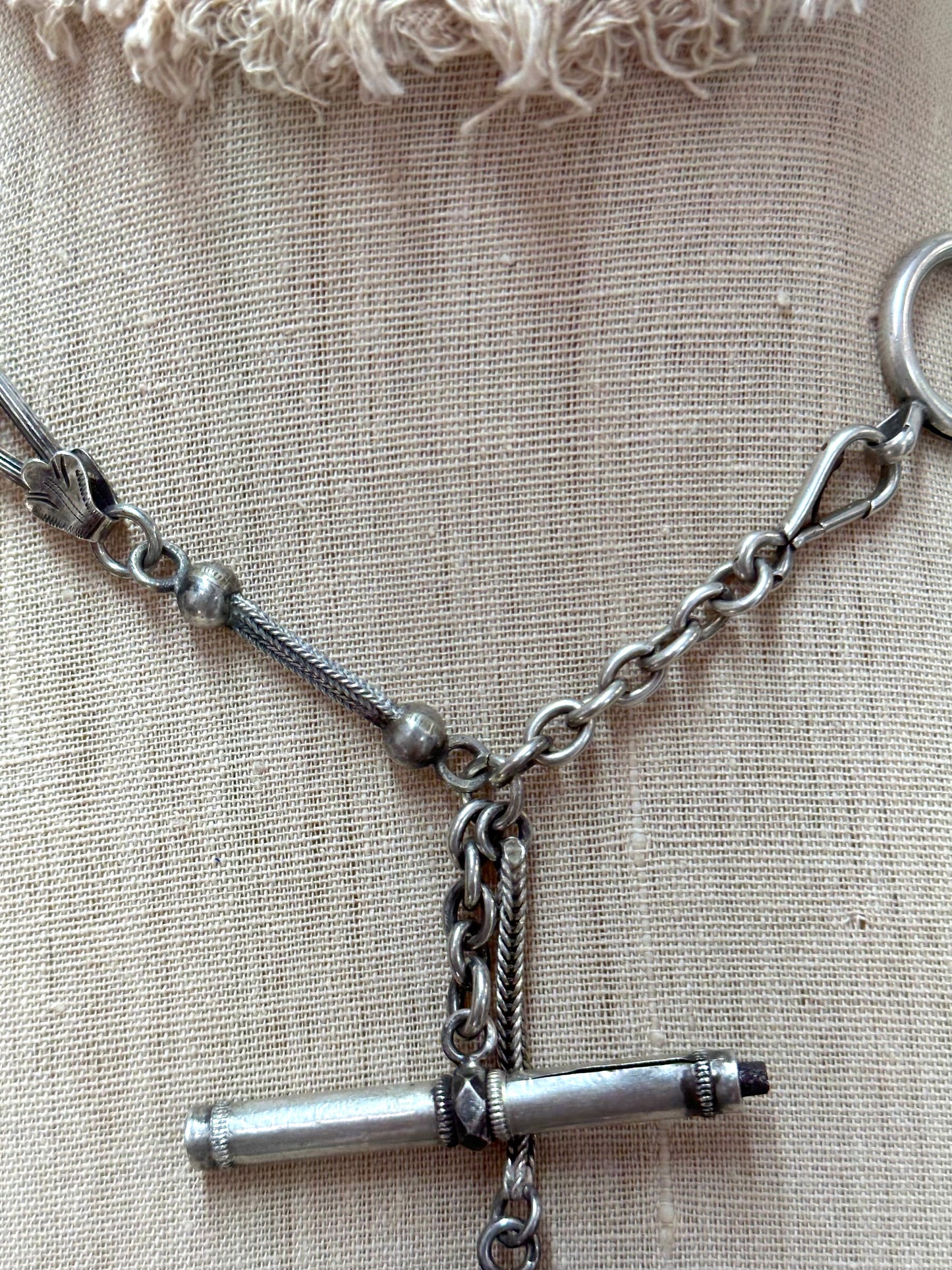 Antique French Silver Necklace With Watch Chain And Tassel Fob