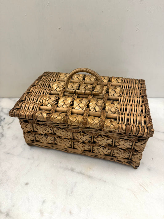 Antique French Small Woven Willow & Straw Basket Box