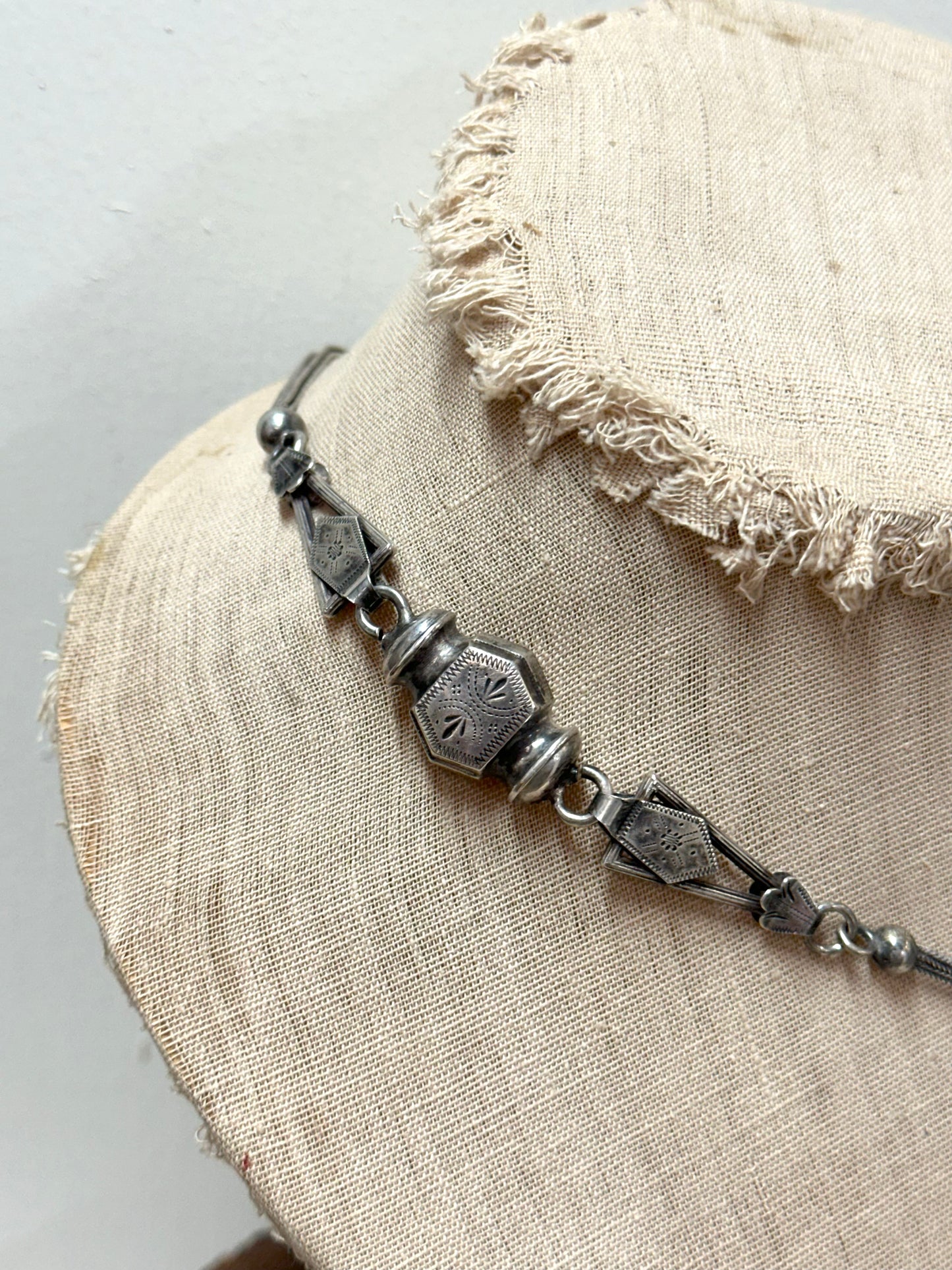 Antique French Silver Necklace With Watch Chain And Tassel Fob