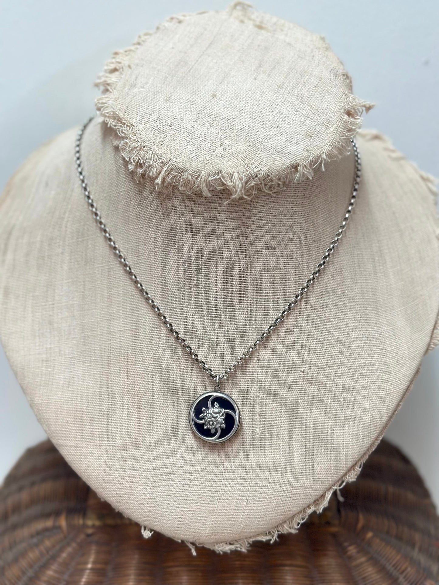 Antique French Silver Necklace With Blue Glass Locket