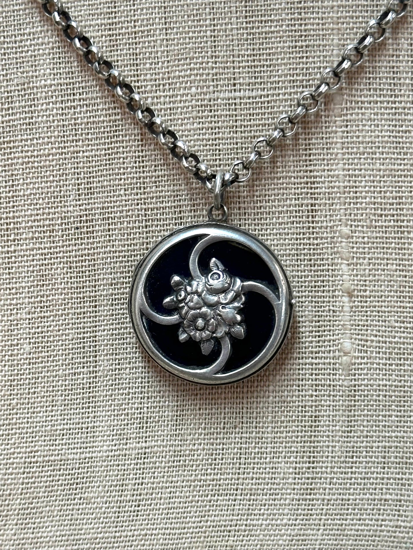 Antique French Silver Necklace With Blue Glass Locket