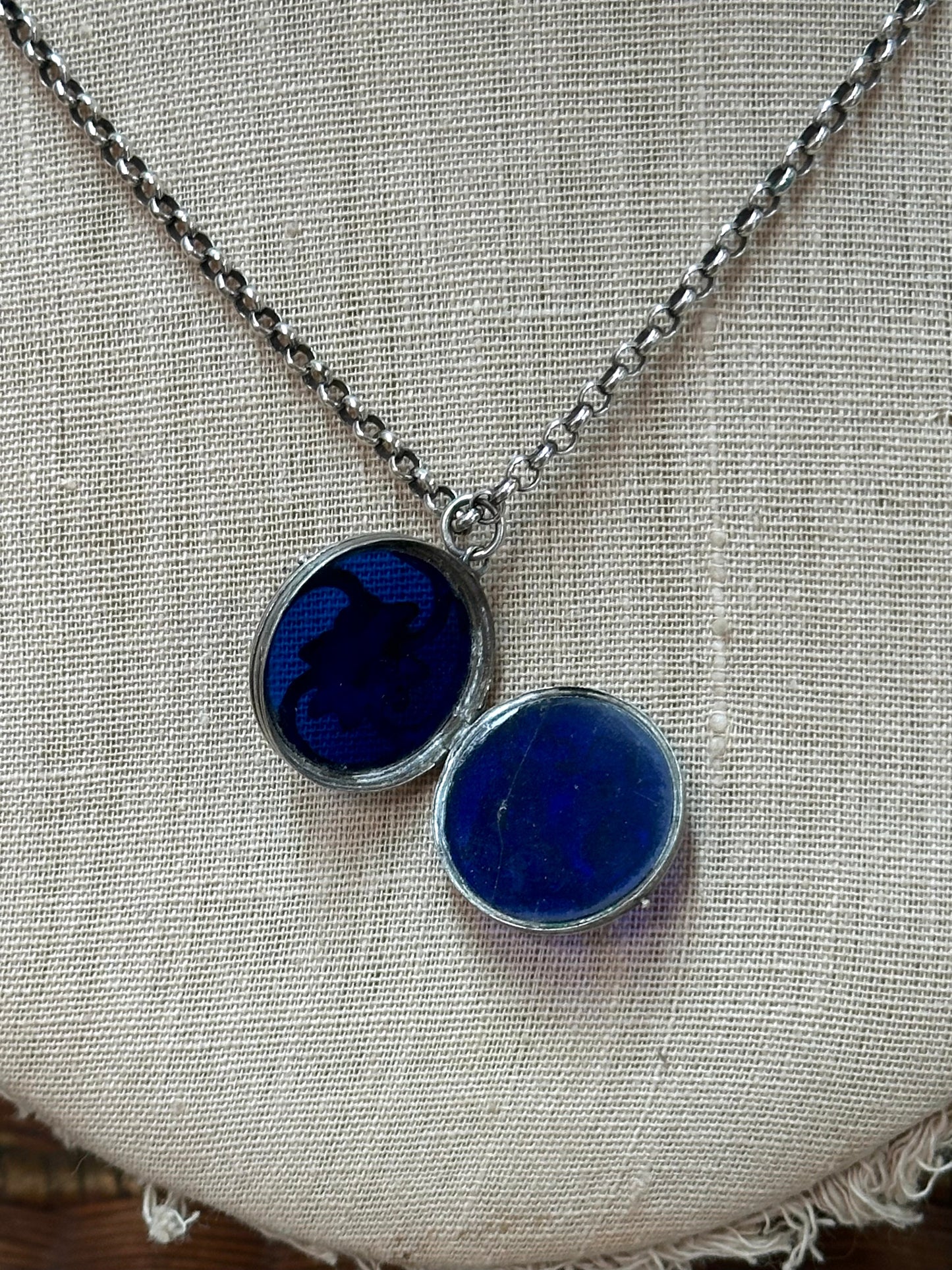 Antique French Silver Necklace With Blue Glass Locket