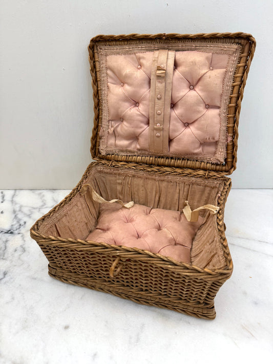 Antique French Small Woven Basket Box With Silk Lining