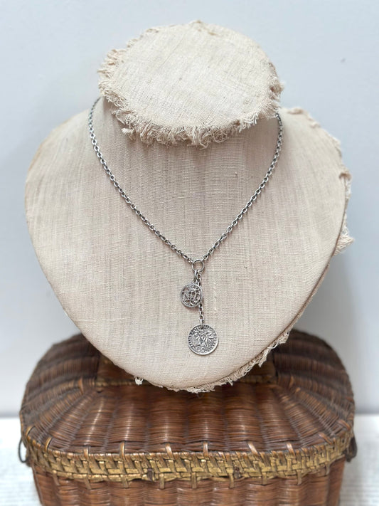 Antique French Silver Necklace With Notre Dame Medal Charm