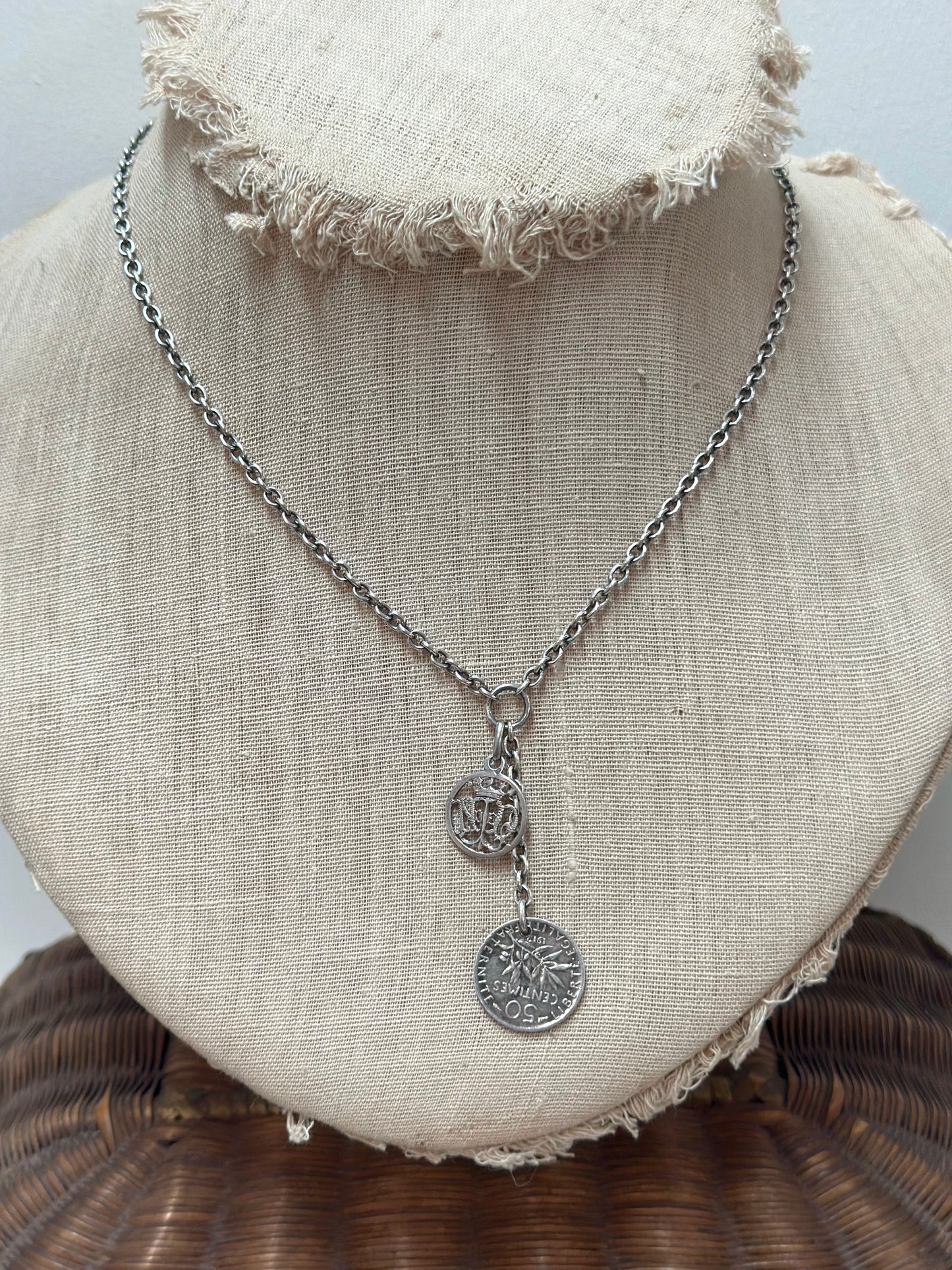 Antique French Silver Necklace With Notre Dame Medal Charm