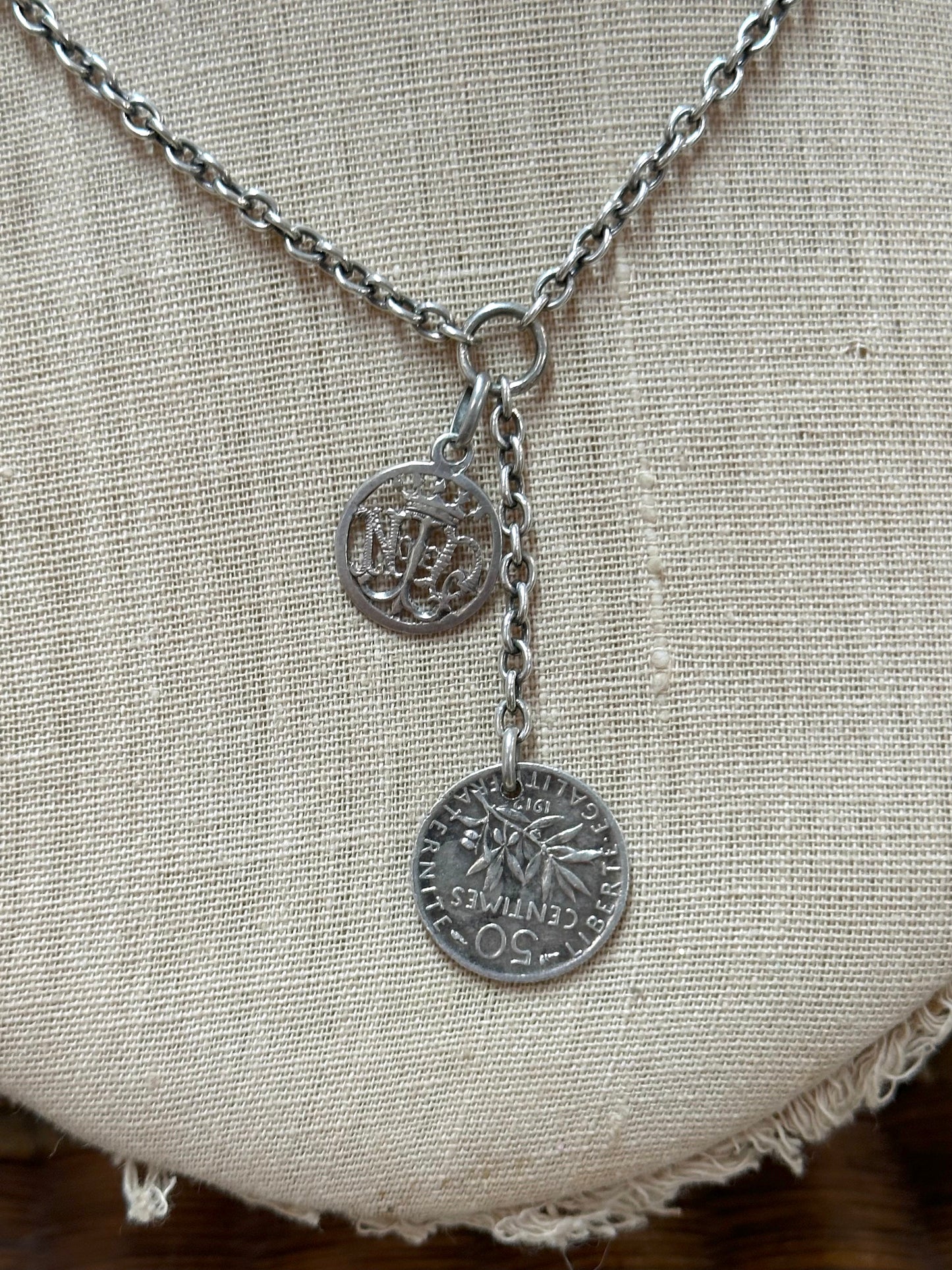 Antique French Silver Necklace With Notre Dame Medal Charm