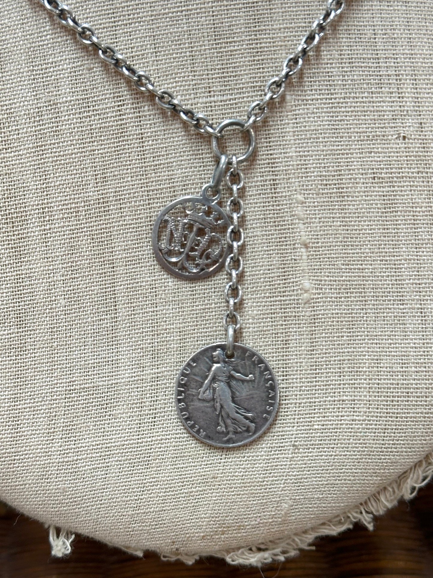 Antique French Silver Necklace With Notre Dame Medal Charm