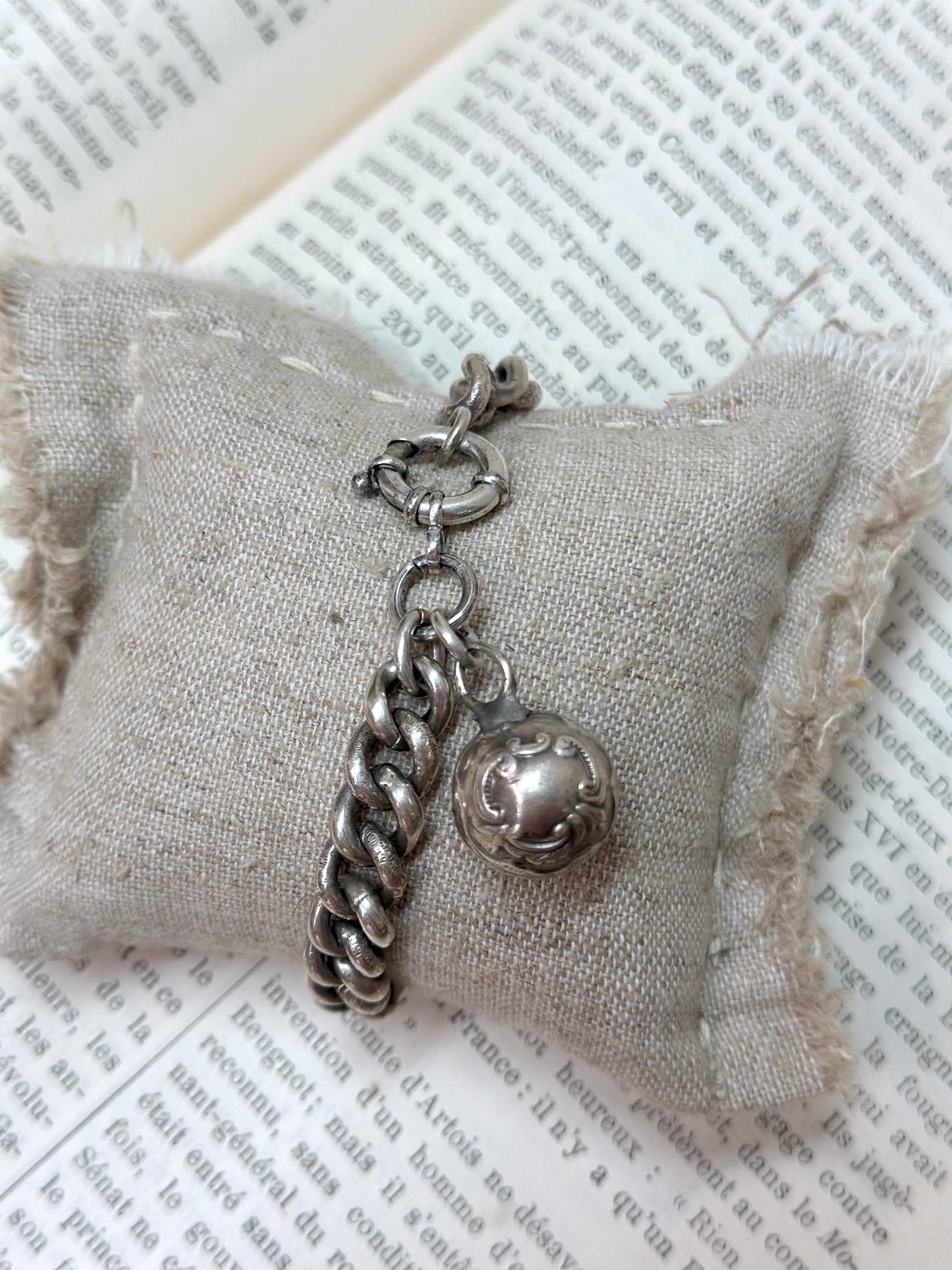 Antique French Silver Bracelet With Ball Charm