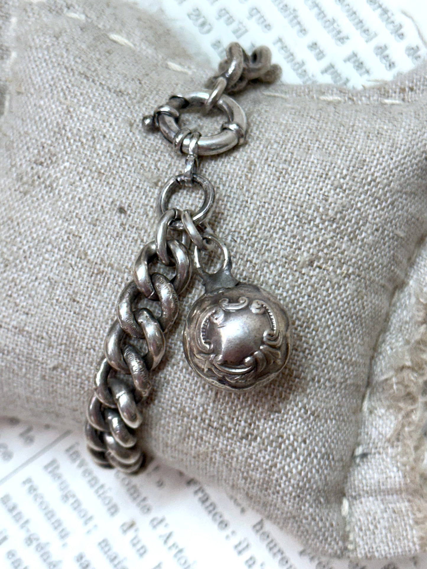 Antique French Silver Bracelet With Ball Charm