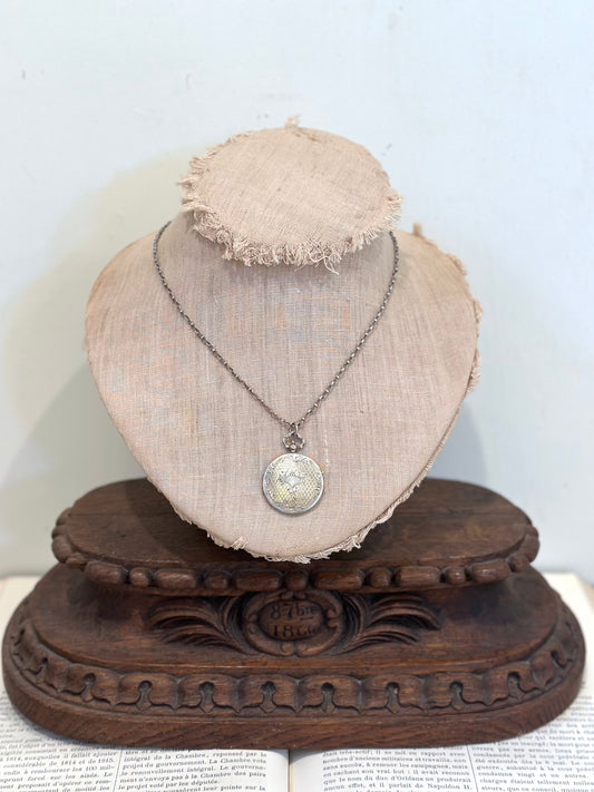 Antique French Ornate Silver Necklace With Round Fob Watch Locket