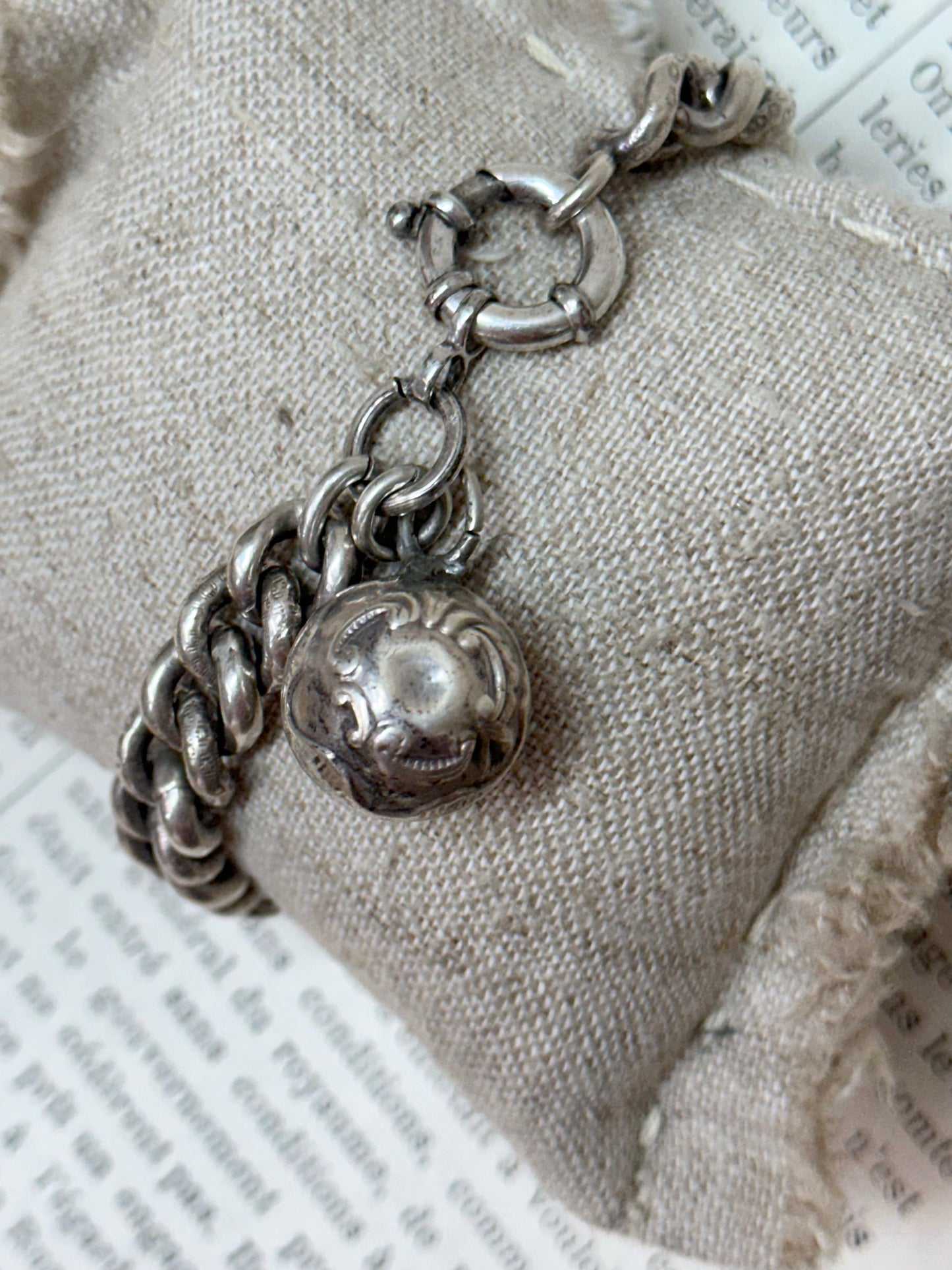 Antique French Silver Bracelet With Ball Charm