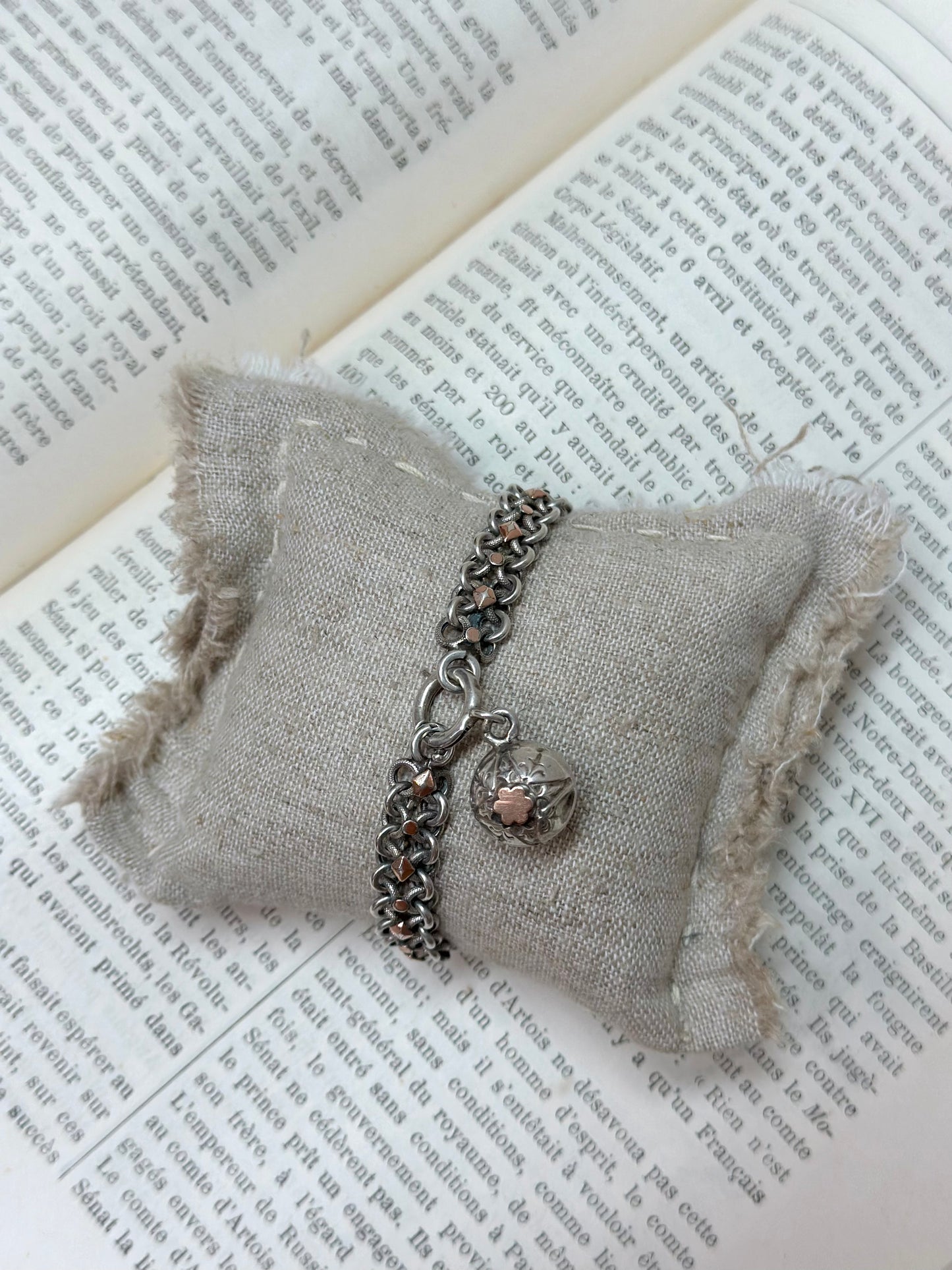 Antique French Silver Bracelet With Rose Gold Trim And Ball Charm