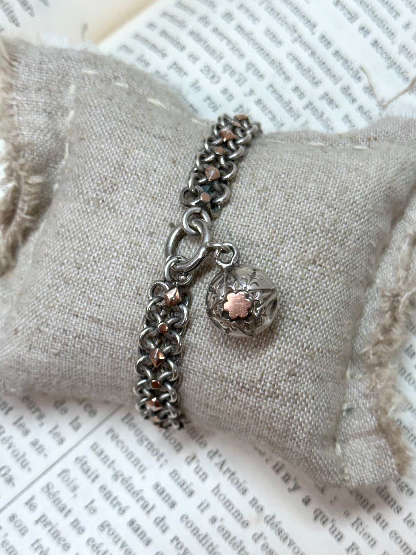 Antique French Silver Bracelet With Rose Gold Trim And Ball Charm
