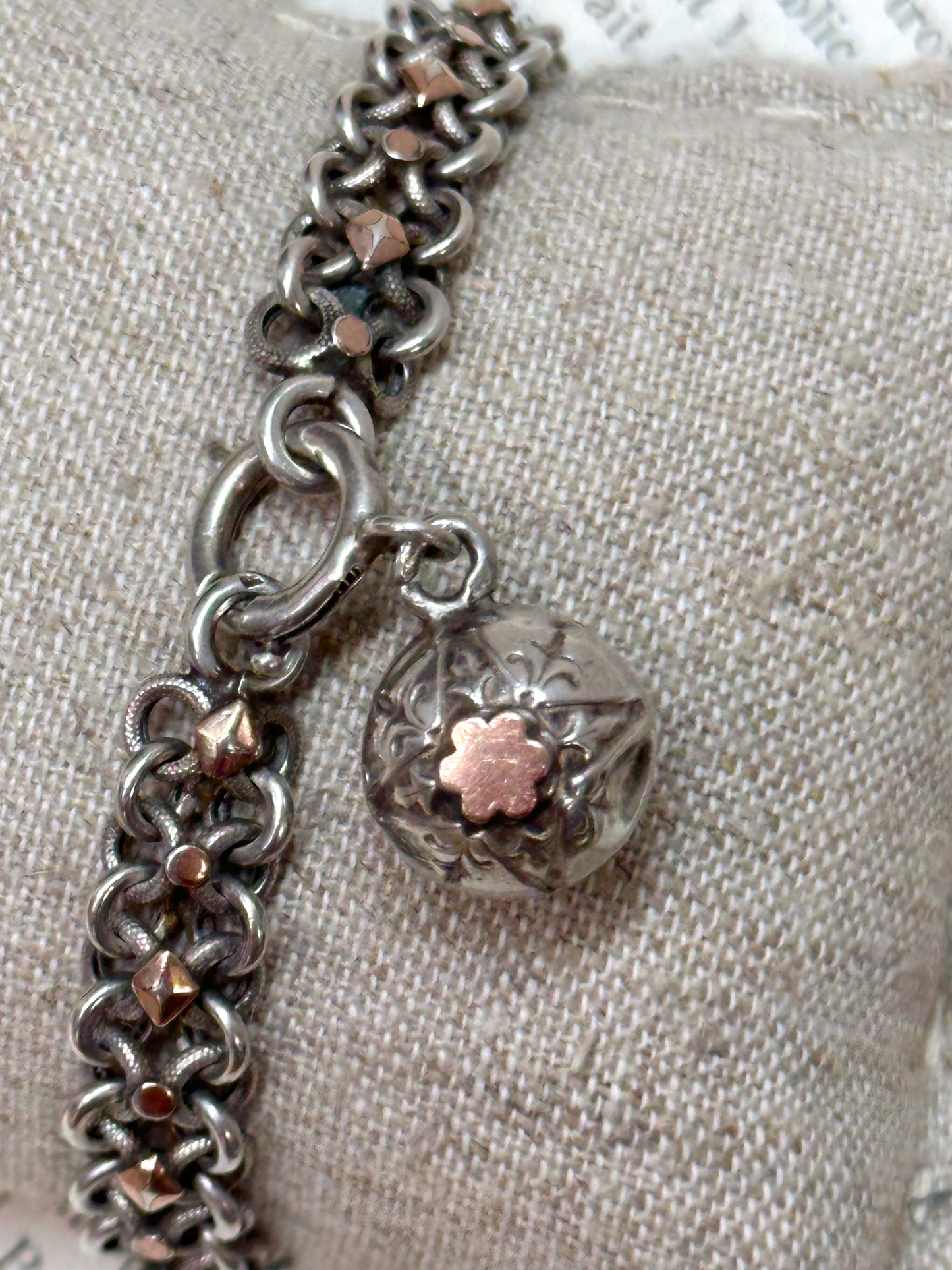Antique French Silver Bracelet With Rose Gold Trim And Ball Charm